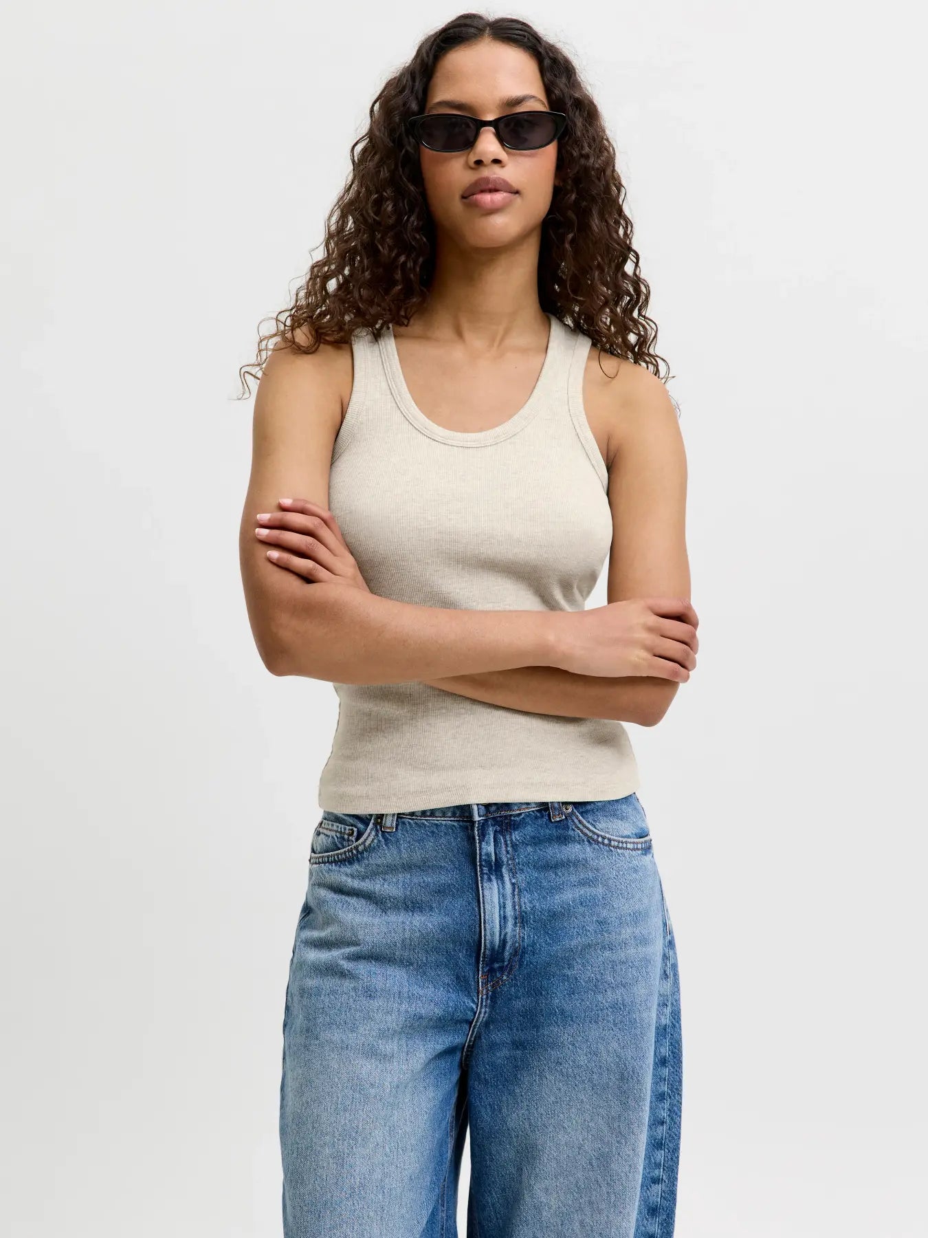 JXFRIDA U-NECK TOP - OATMEAL MELANGE
