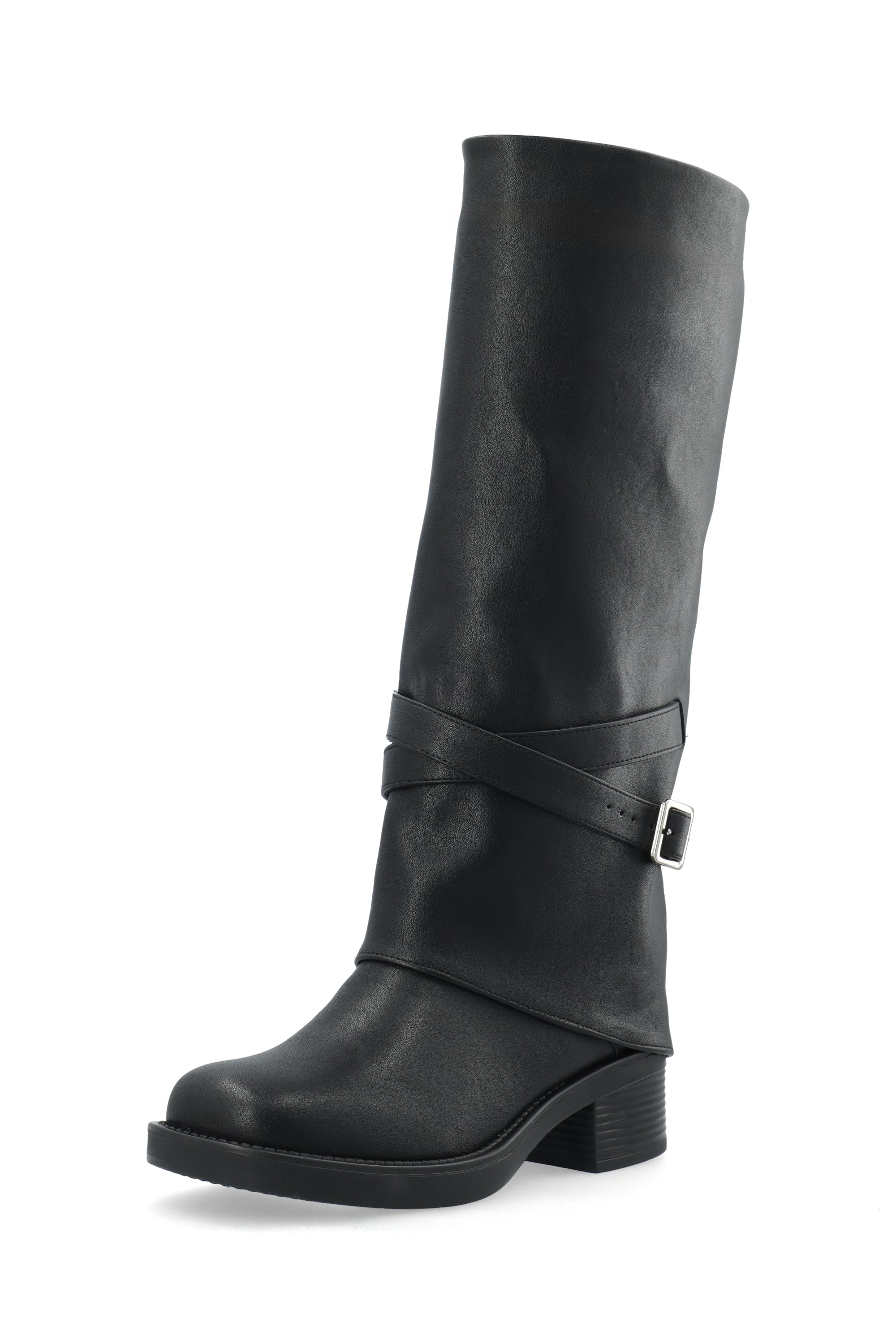 Biafie fold over knee high pull on boot - Black