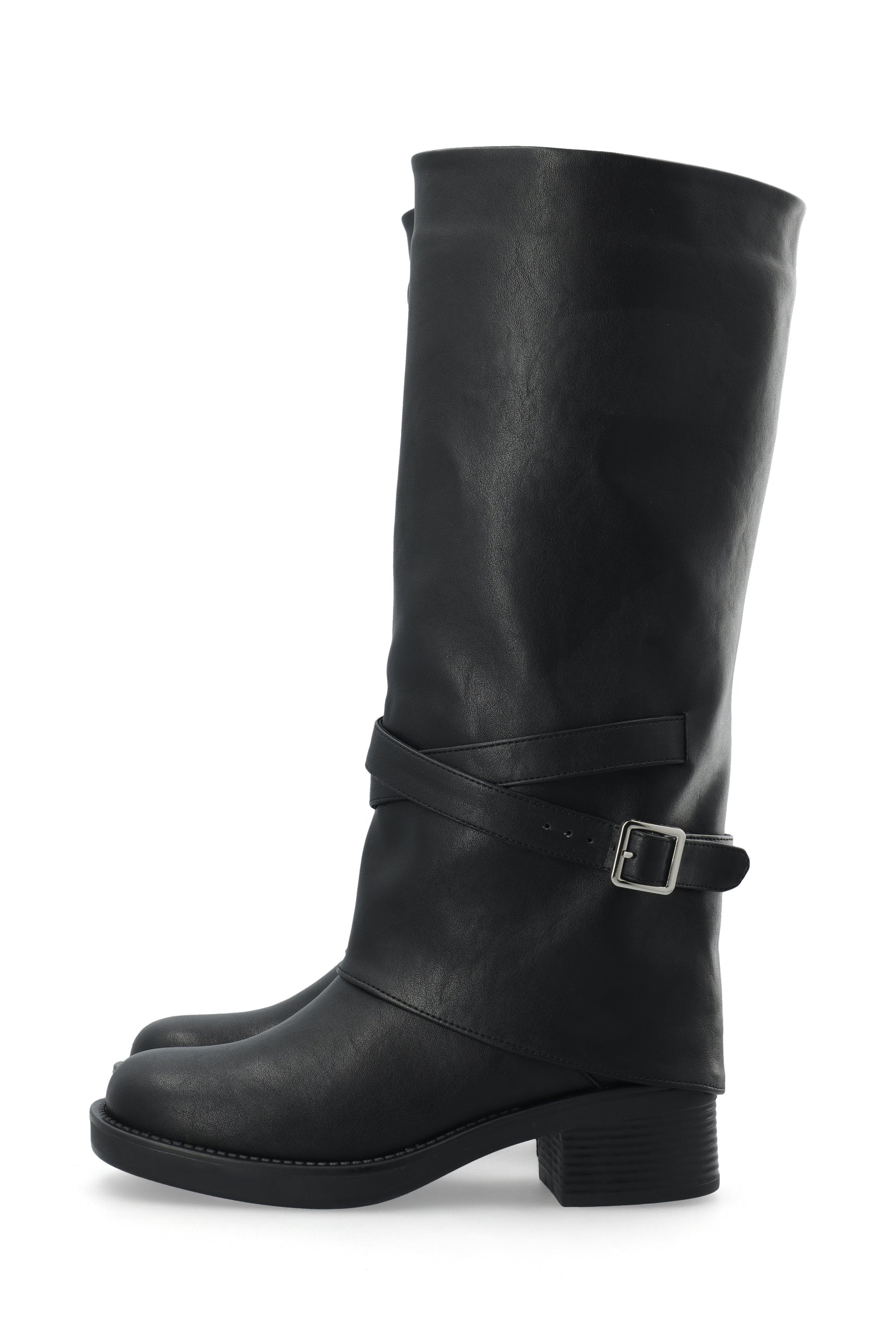 Biafie fold over knee high pull on boot - Black