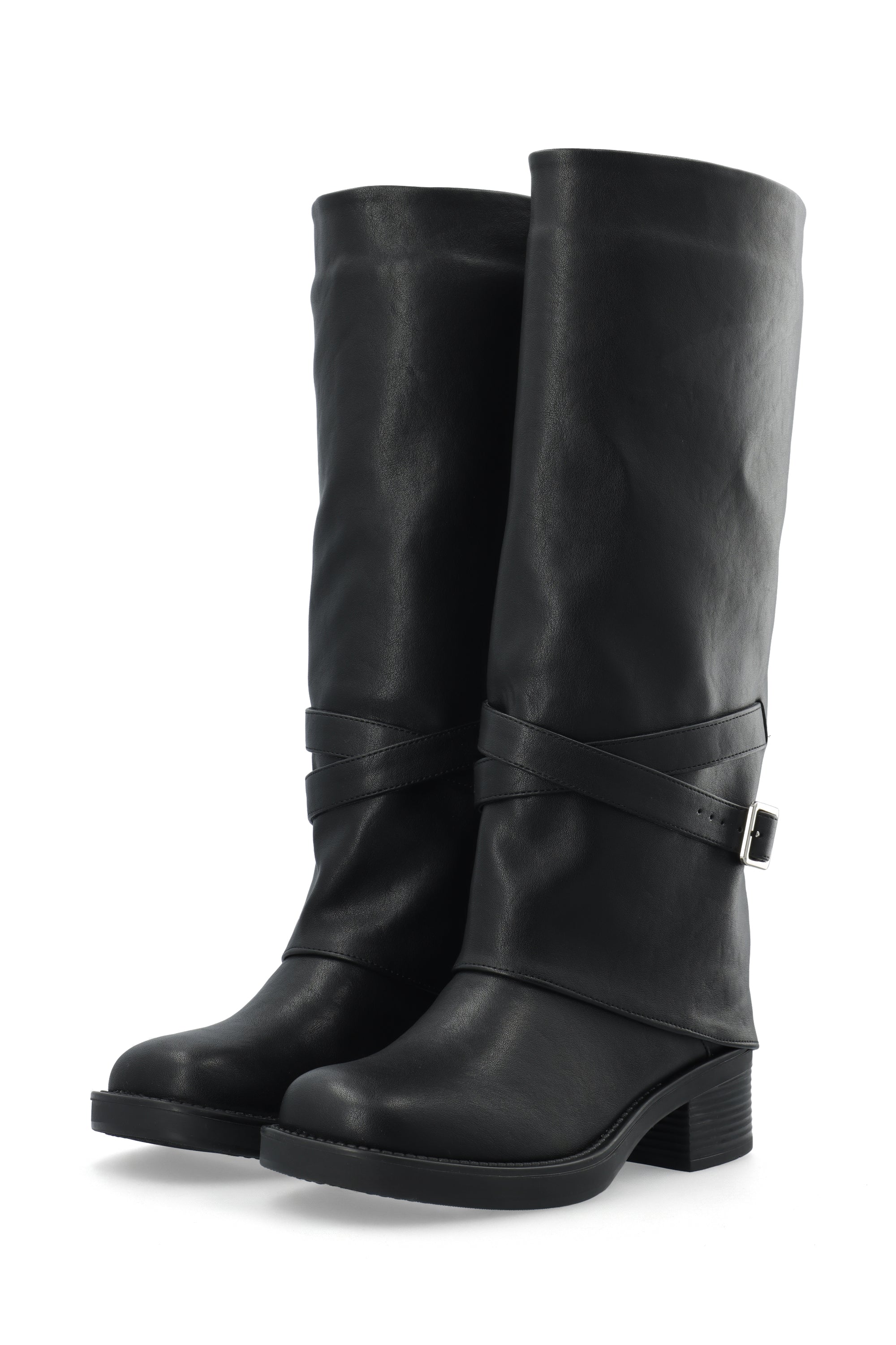 Biafie fold over knee high pull on boot - Black