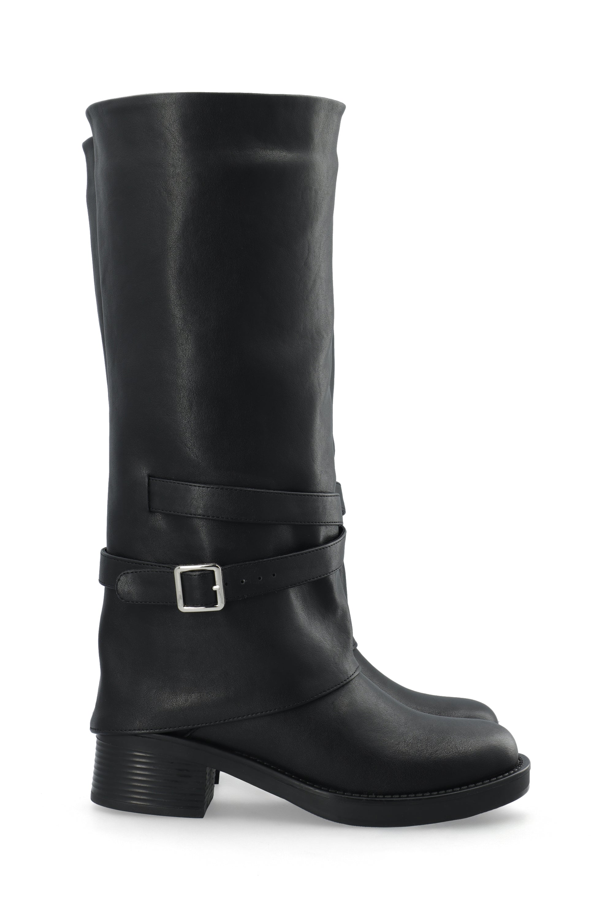 Biafie fold over knee high pull on boot - Black