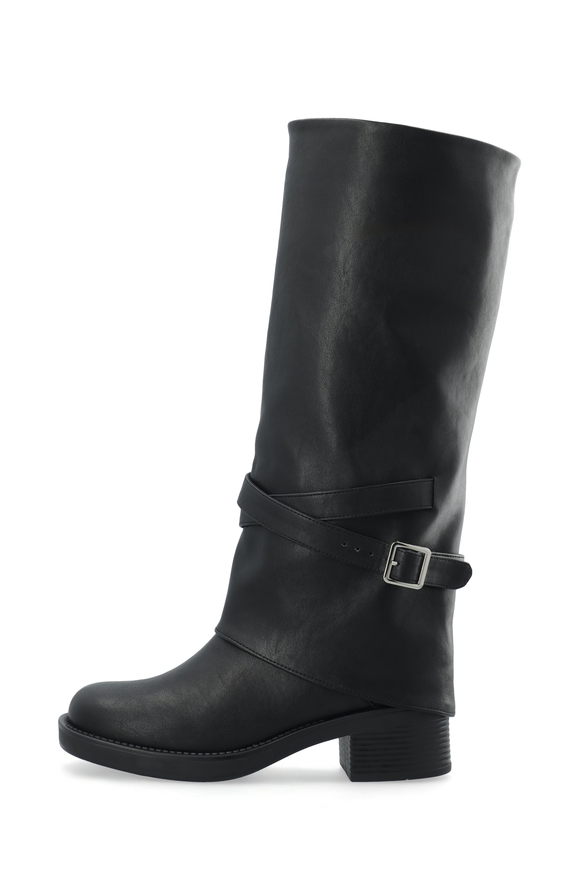Biafie fold over knee high pull on boot - Black