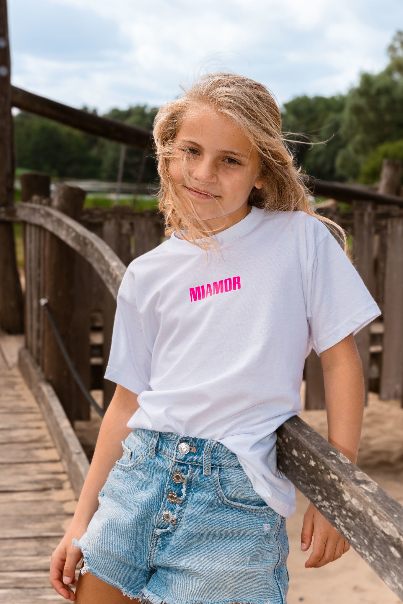 T-shirt blanc Mini Miamor - logo rose fluo