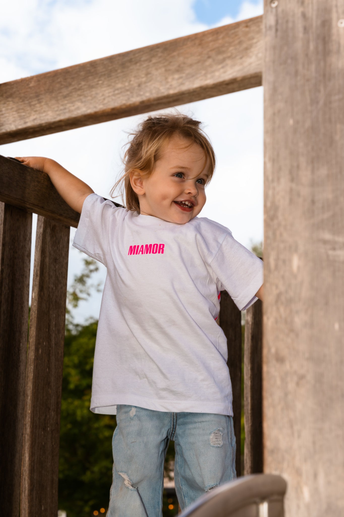 T-shirt blanc Mini Miamor - logo rose fluo