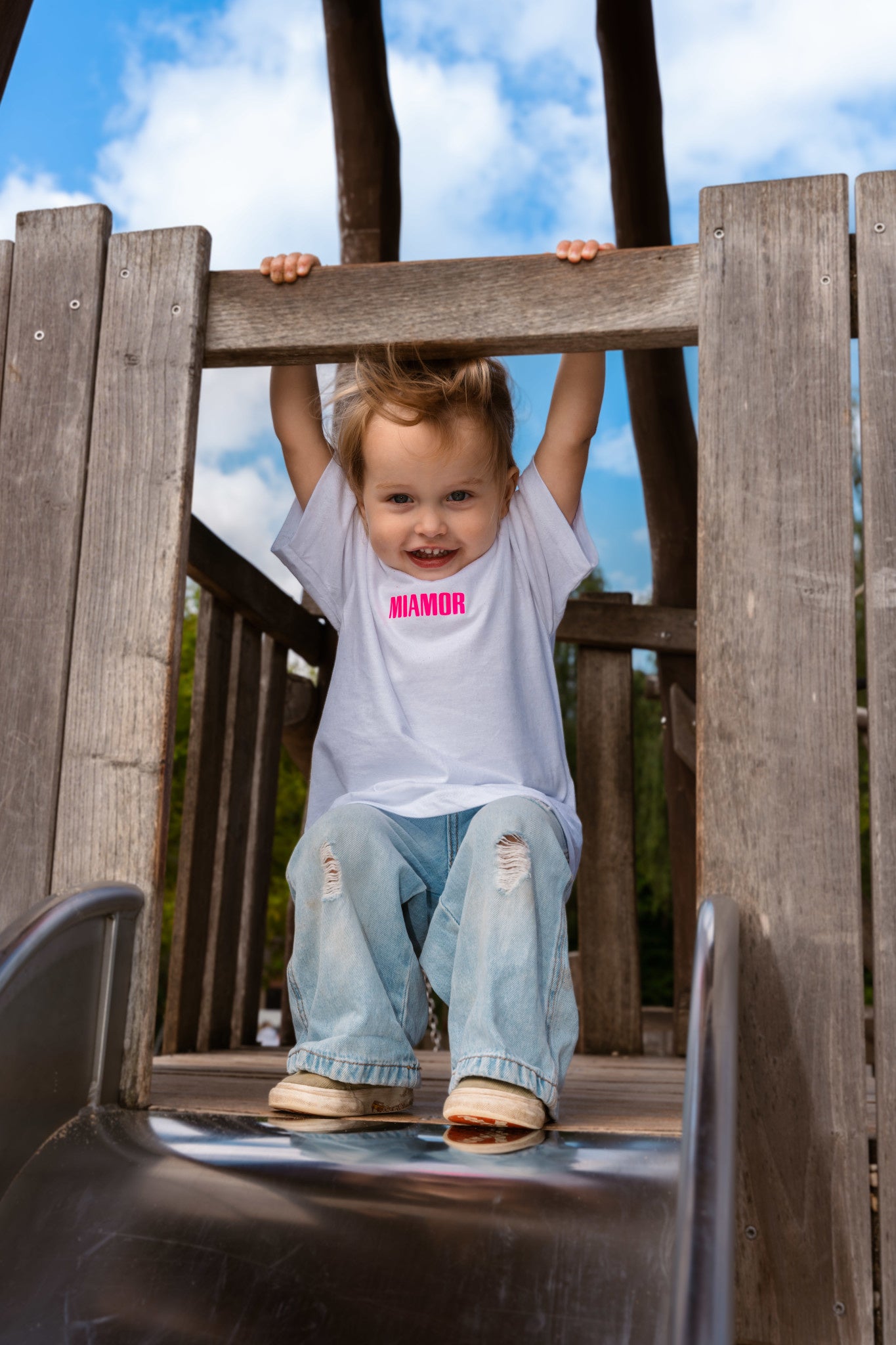 T-shirt blanc Mini Miamor - logo rose fluo