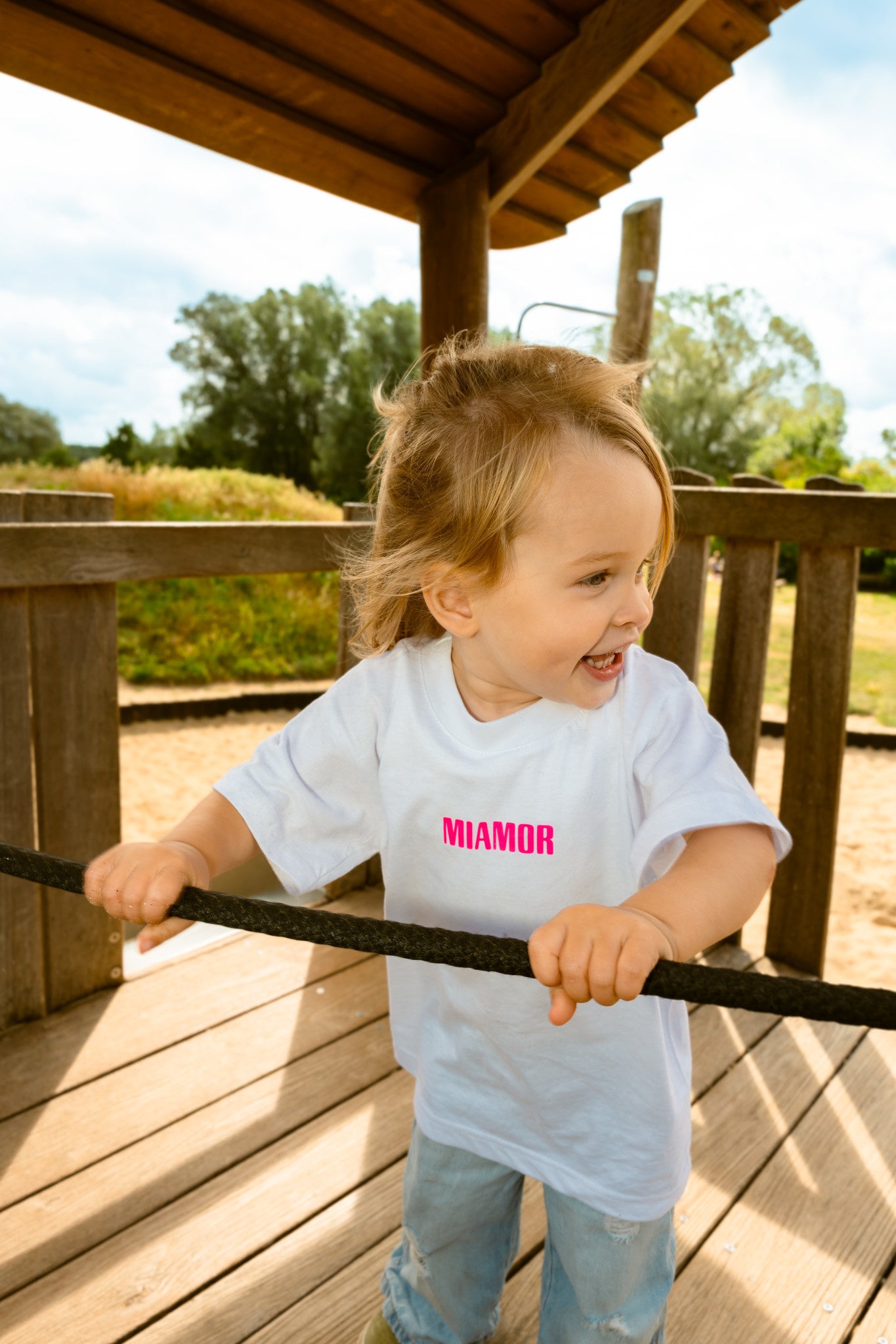 T-shirt blanc Mini Miamor - logo rose fluo