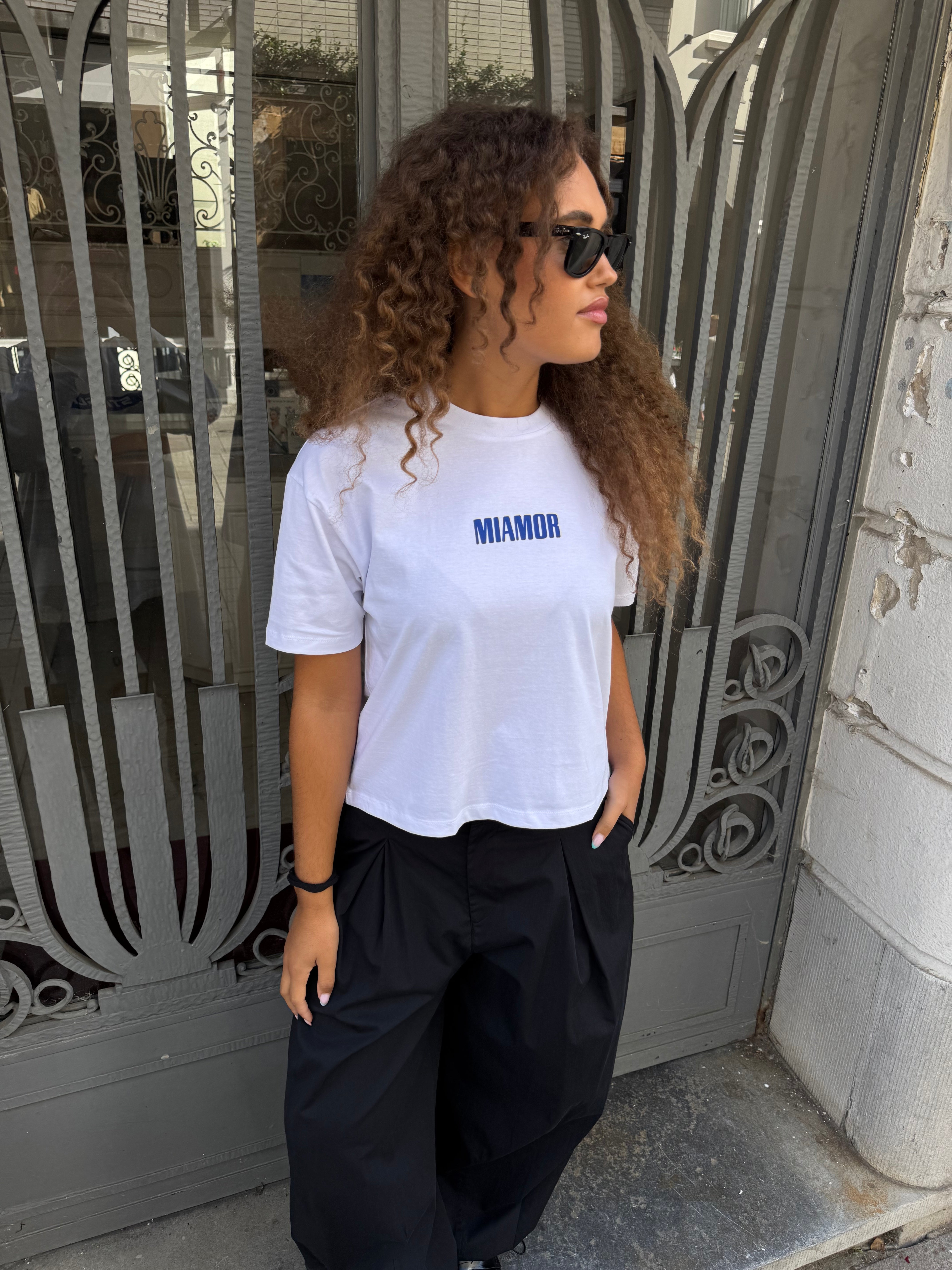 Miamor Women’s Box Tee – White / Royal Blue