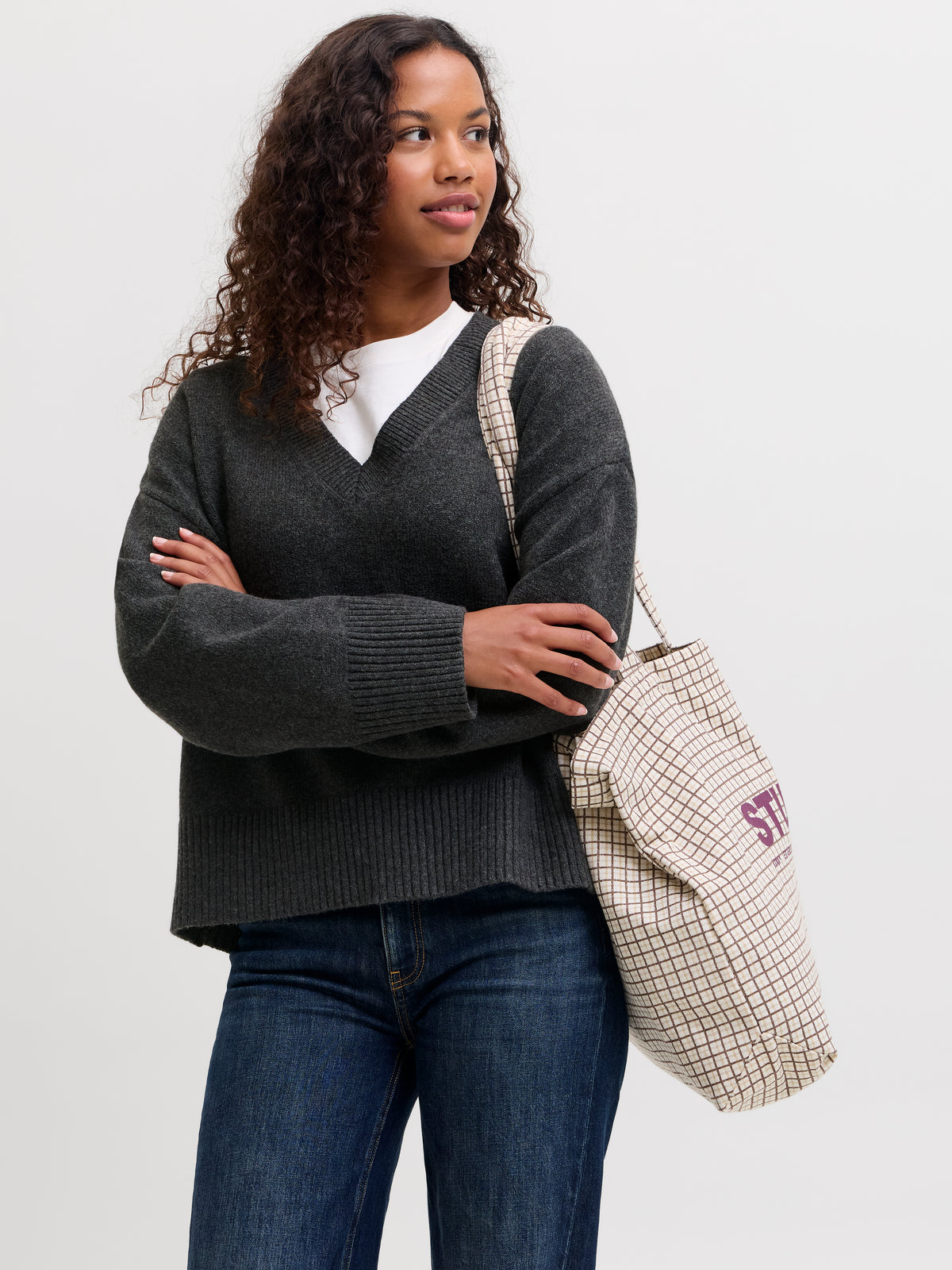 JXELSA V-NECK KNIT - DARK GREY MELANGE