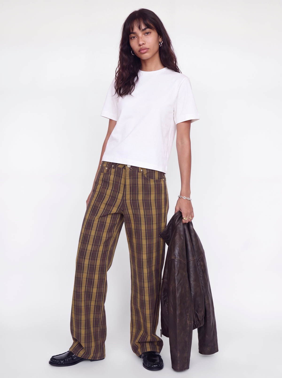 JXZOE SARAH WIDE CHECKED PANTS - BEECH / GREEN KAHKI