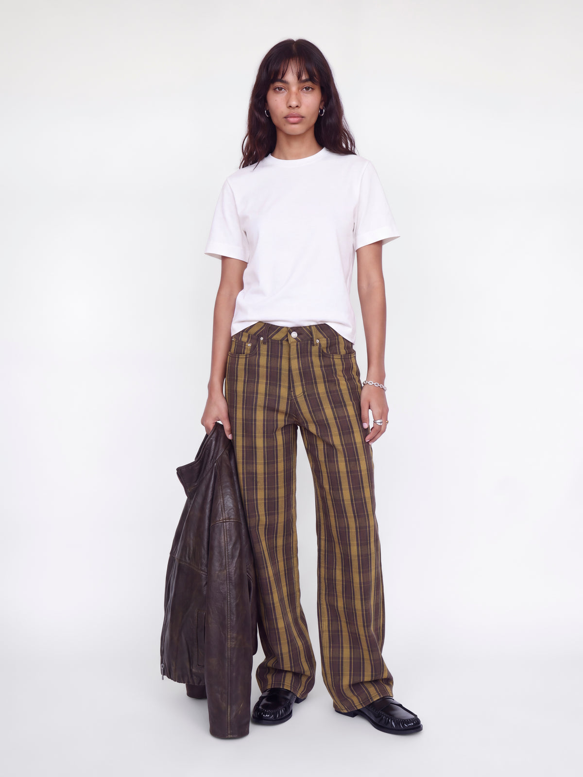 JXZOE SARAH WIDE CHECKED PANTS - BEECH / GREEN KAHKI