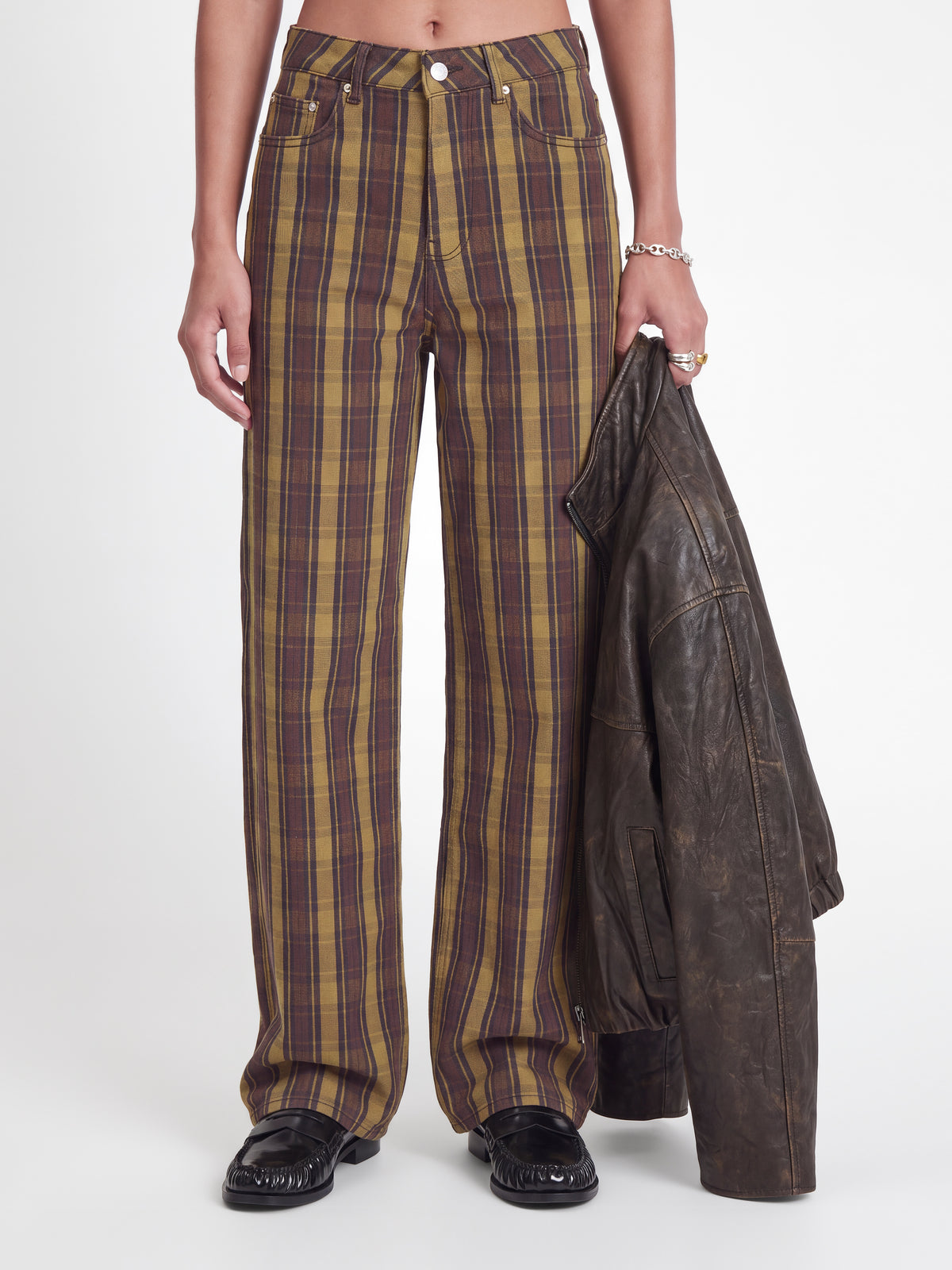 JXZOE SARAH WIDE CHECKED PANTS - BEECH / GREEN KAHKI