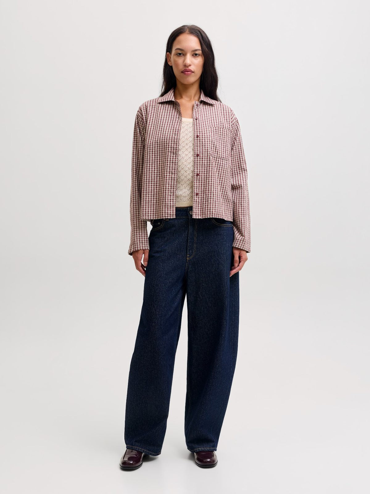 JXASTA LS CLEAN CHECK SHIRT - CHOCOLATE BURGUNDY