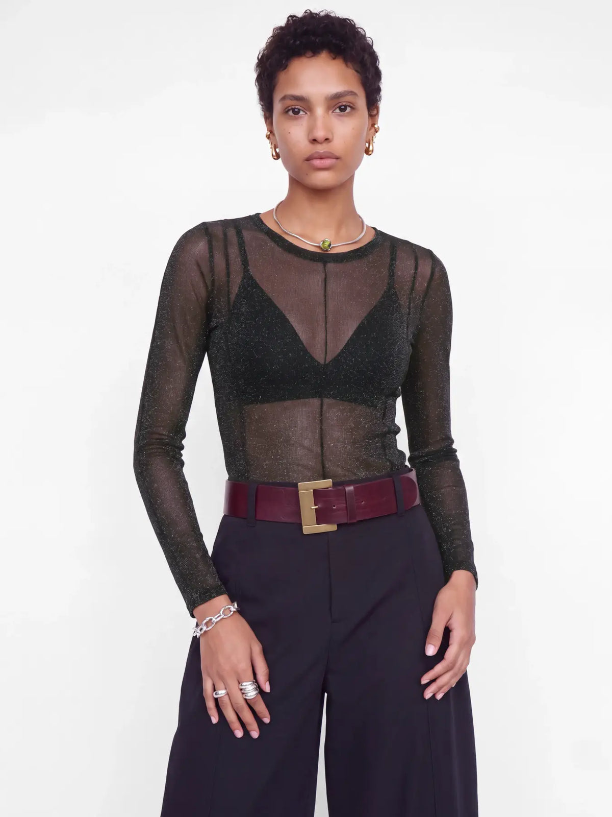 JXMINNA MESH GLITTER LS TOP WVN - BLACK