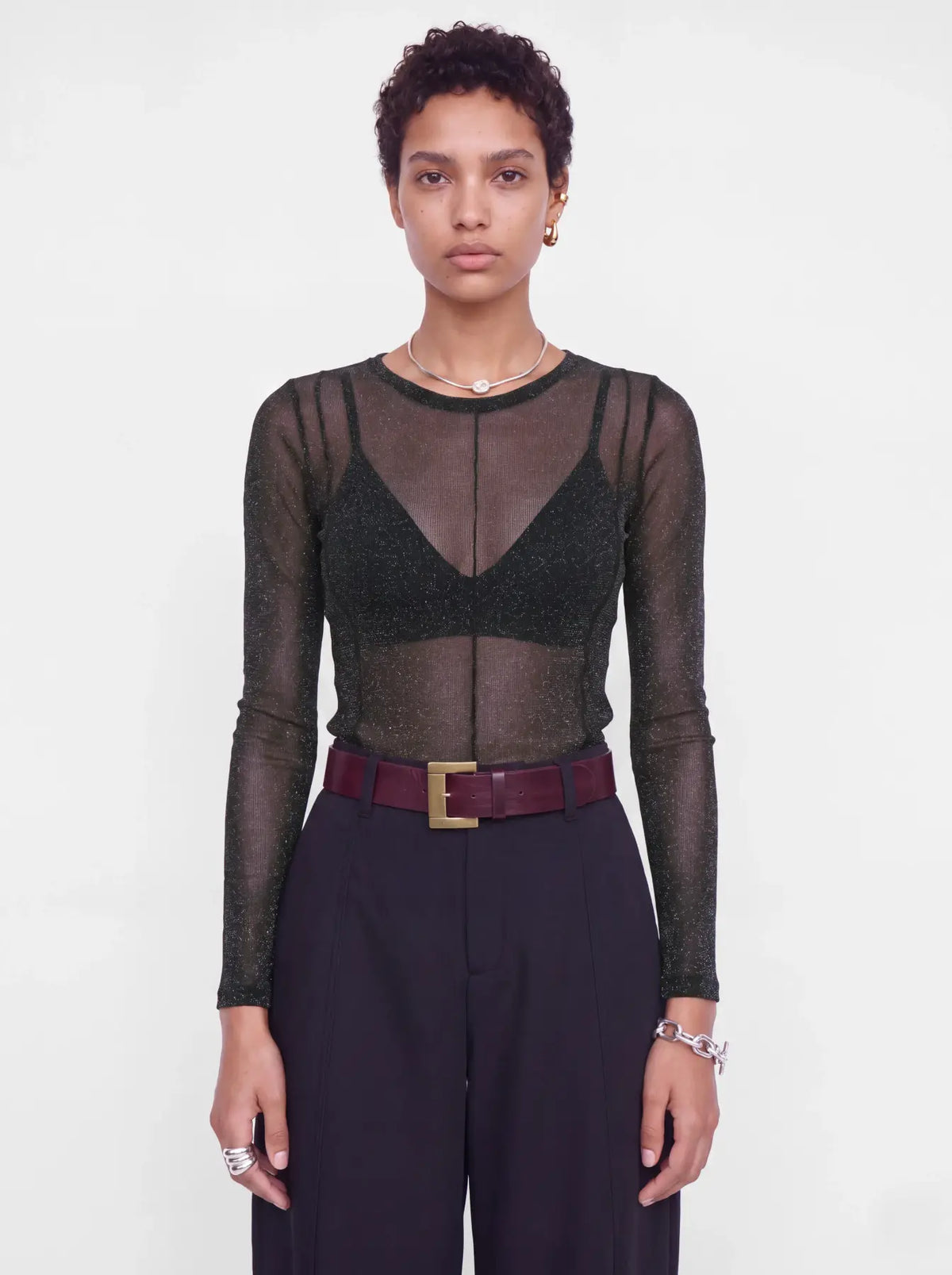 JXMINNA MESH GLITTER LS TOP WVN - BLACK