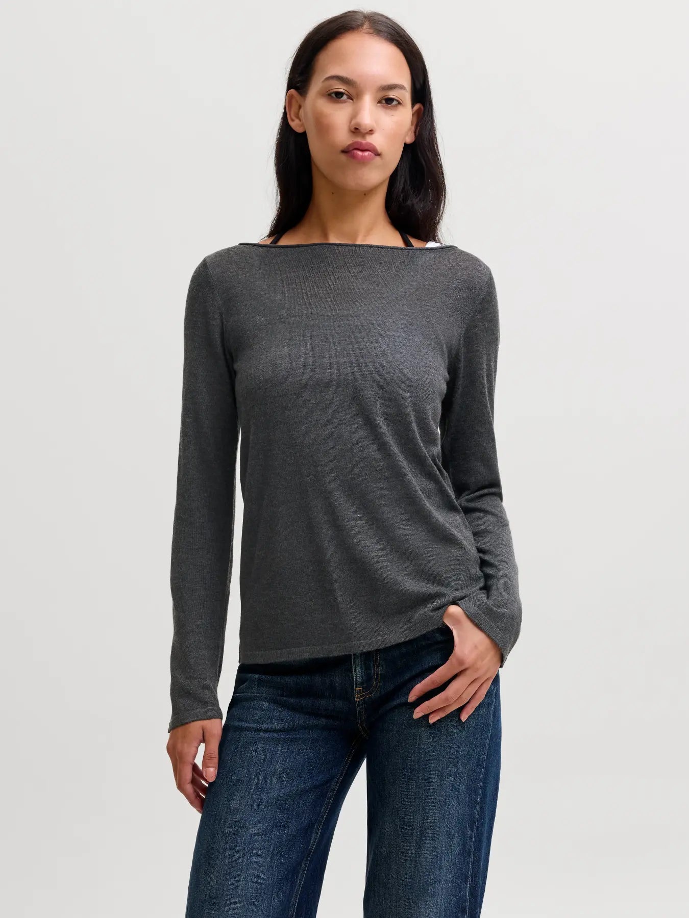 JXALBERTE BOAT NECK KNIT - DARK GREY MELANGE