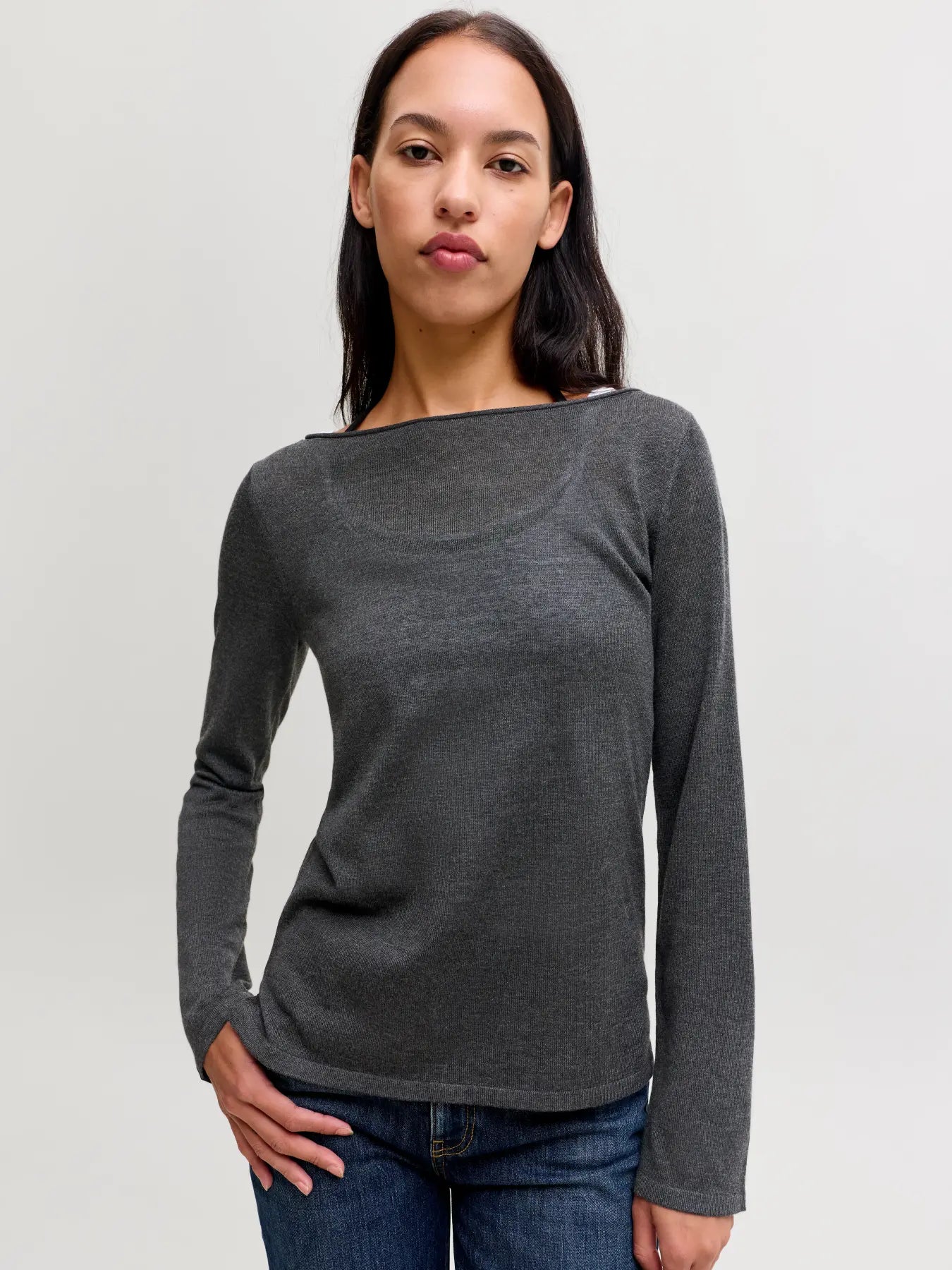 JXALBERTE BOAT NECK KNIT - DARK GREY MELANGE