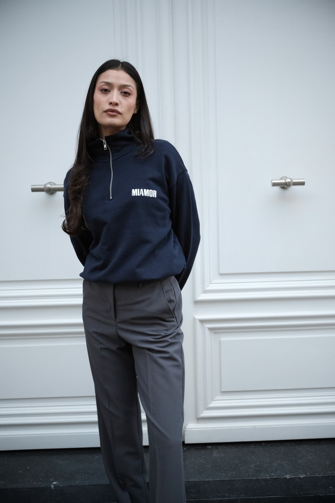 Miamor sweater met halve rits - marineblauw