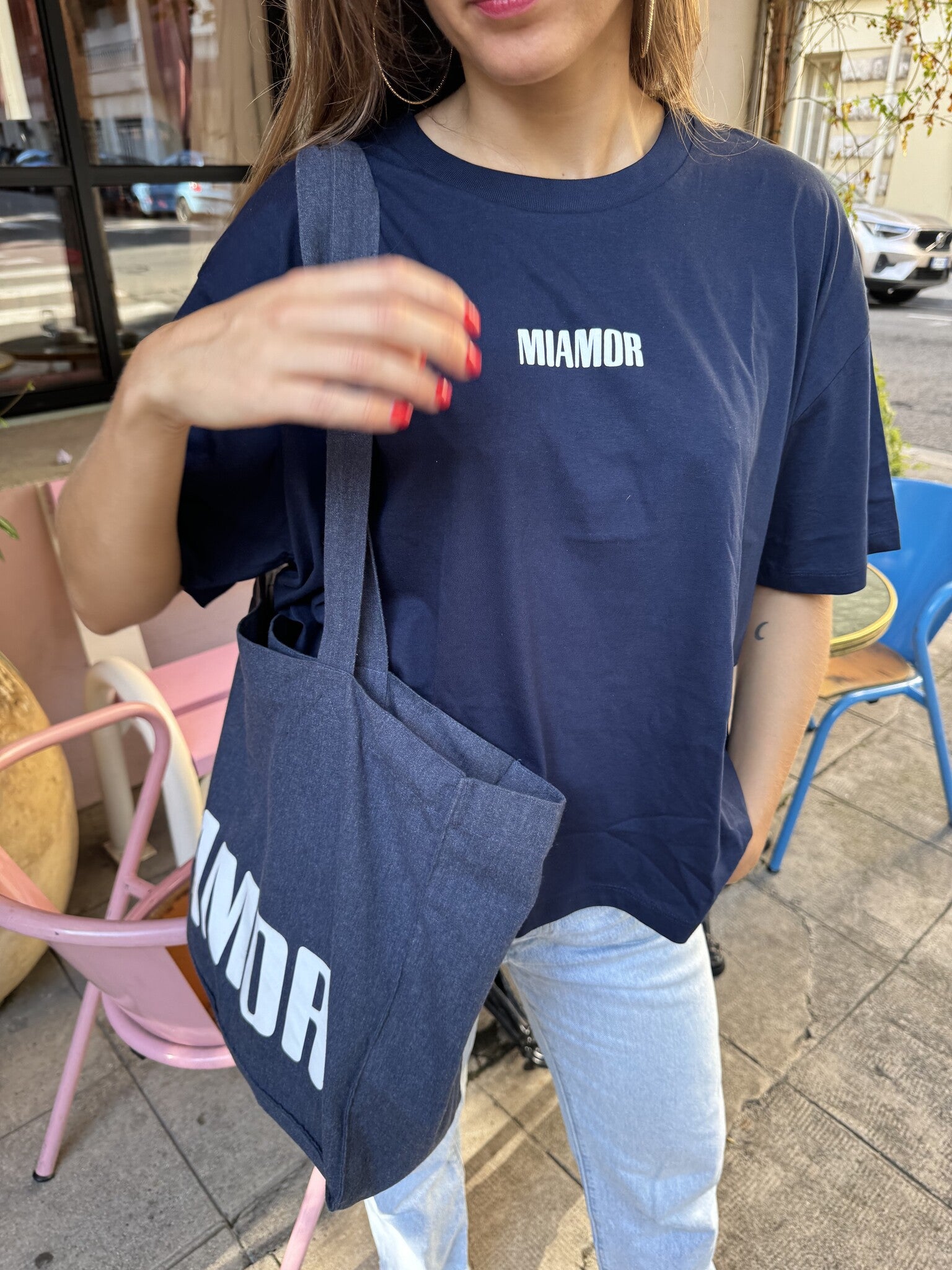 Miamor tote bag XL jeans - wit logo