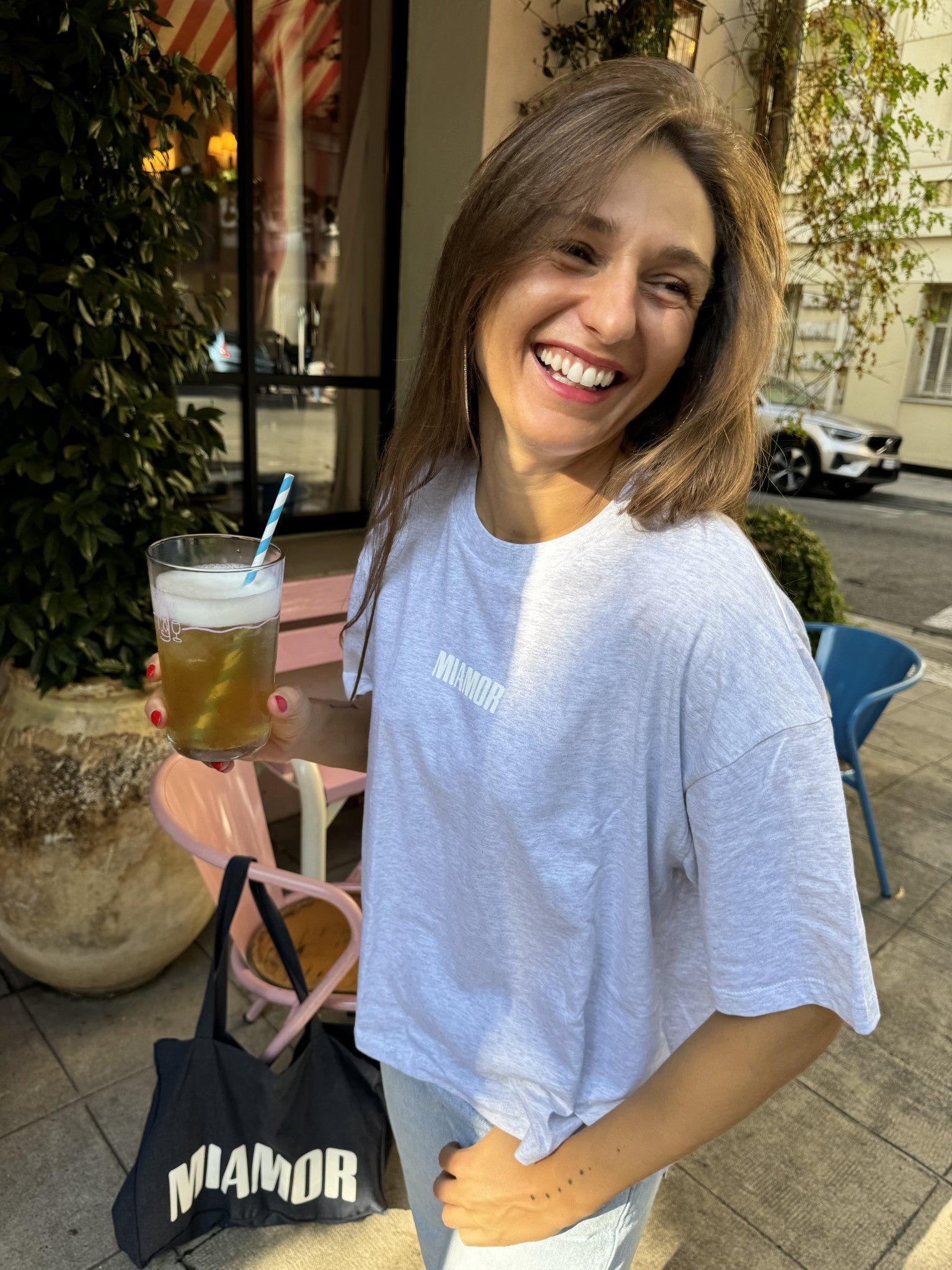 Miamor box tee gemêleerd grijs - wit