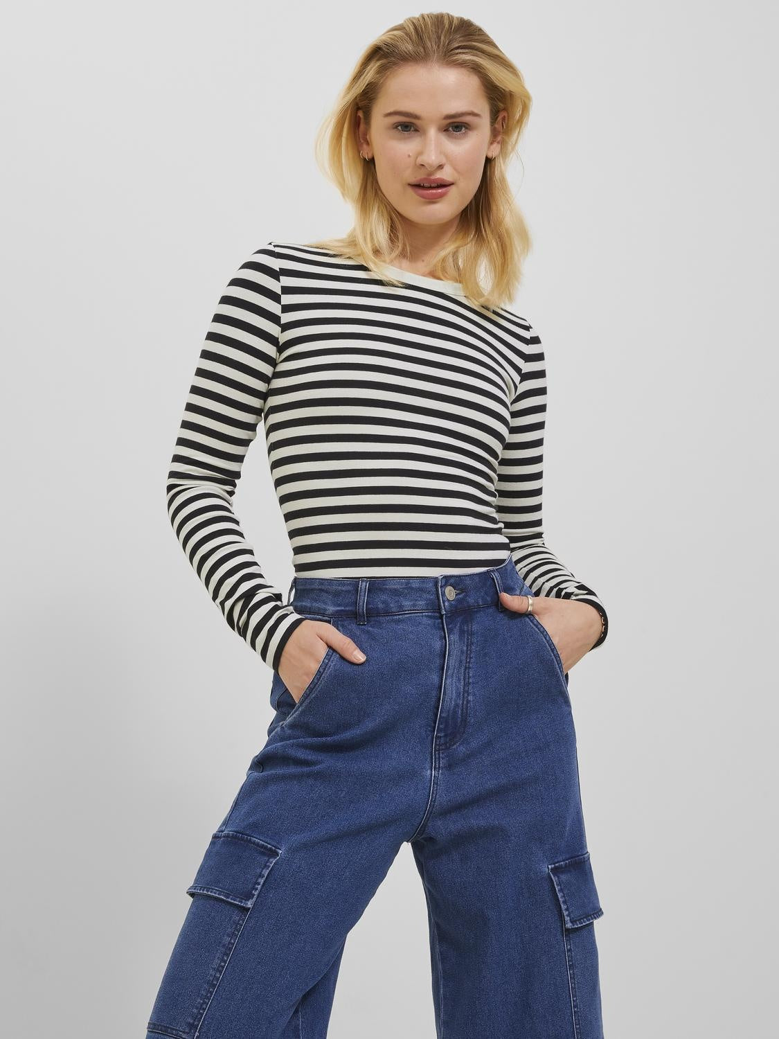JXCELINE GIGI LS SOLID STRIPE TEE - BL&WH