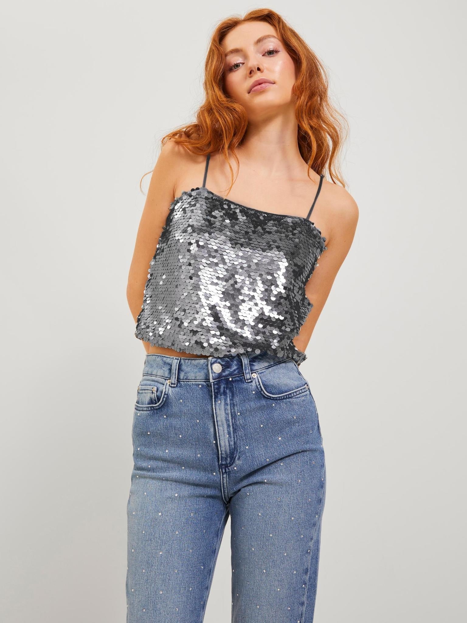 JXAVA SEQUIN STRAP TOP - SILVER