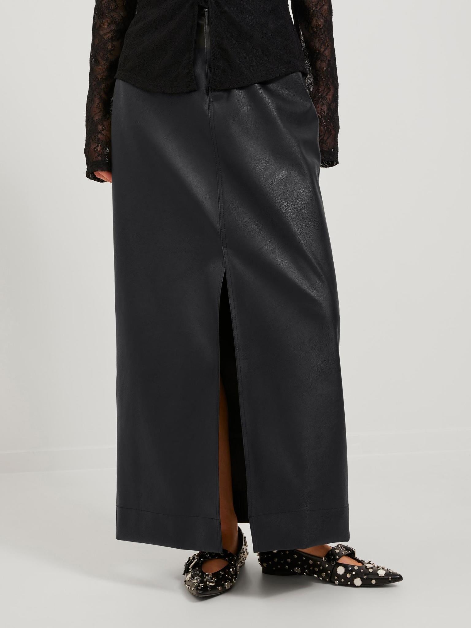 JXELVA LONG FAUX LEATHER SKIRT - BLACK