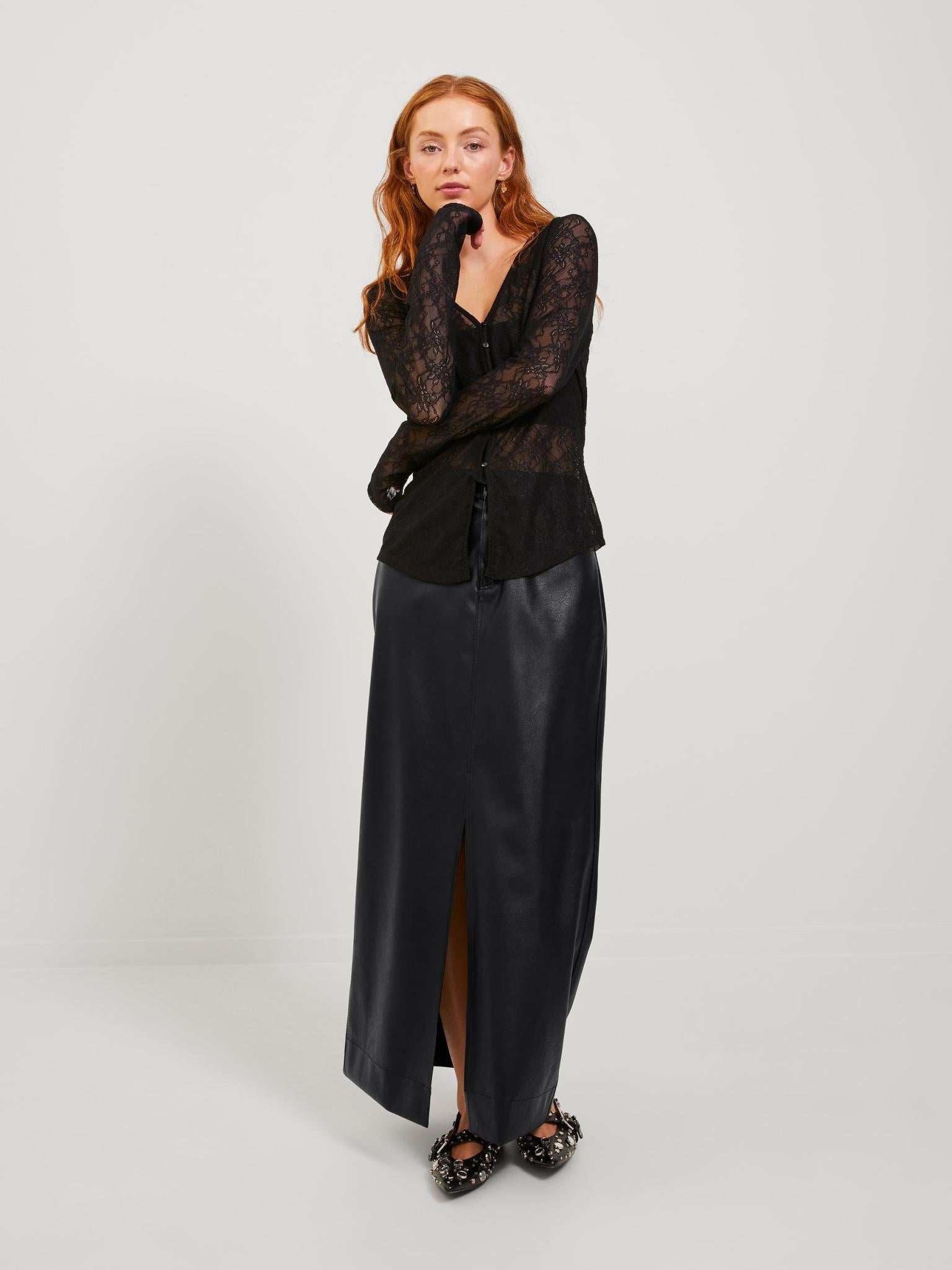 JXELVA LONG FAUX LEATHER SKIRT - BLACK