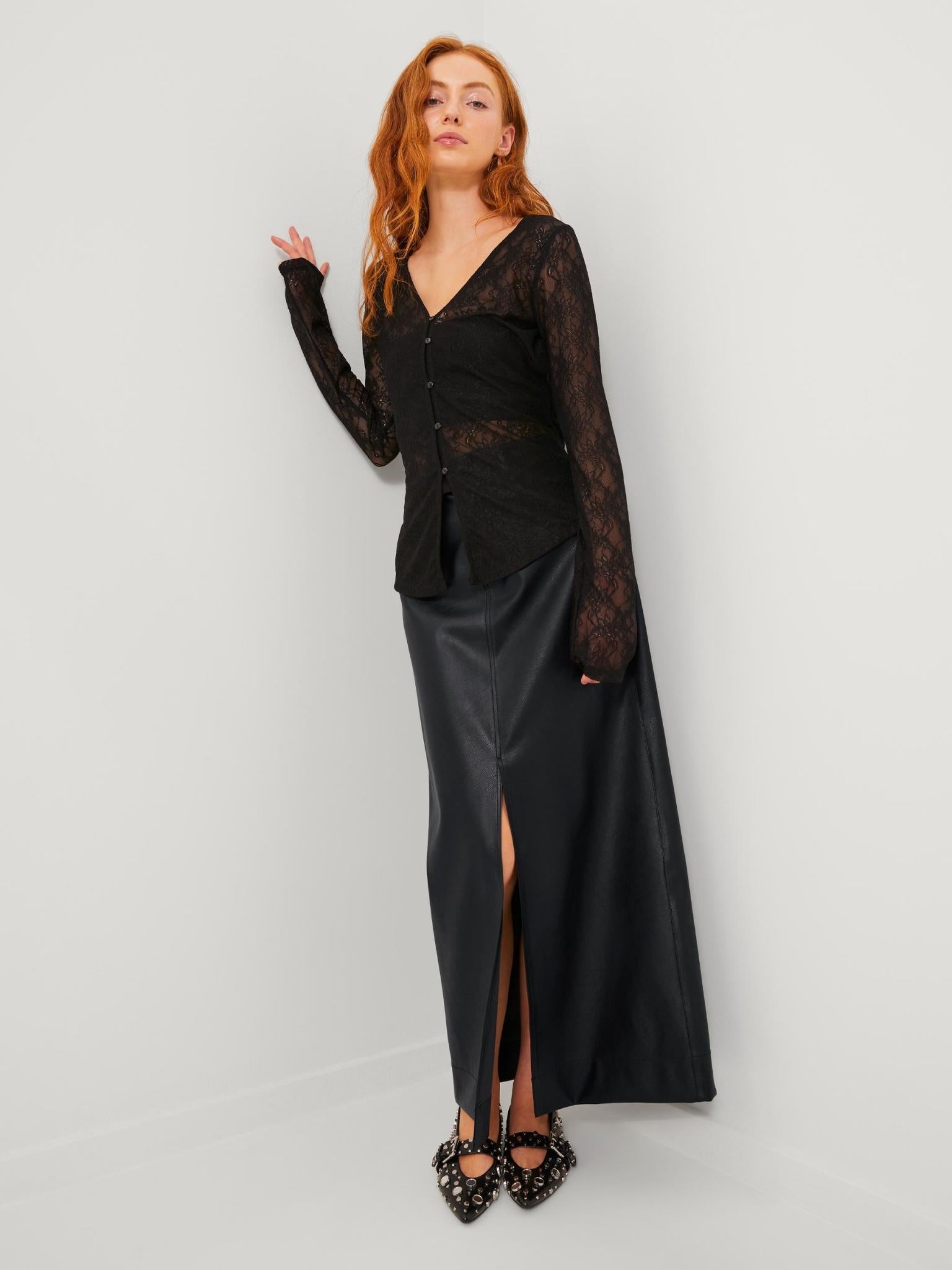 JXELVA LONG FAUX LEATHER SKIRT - BLACK