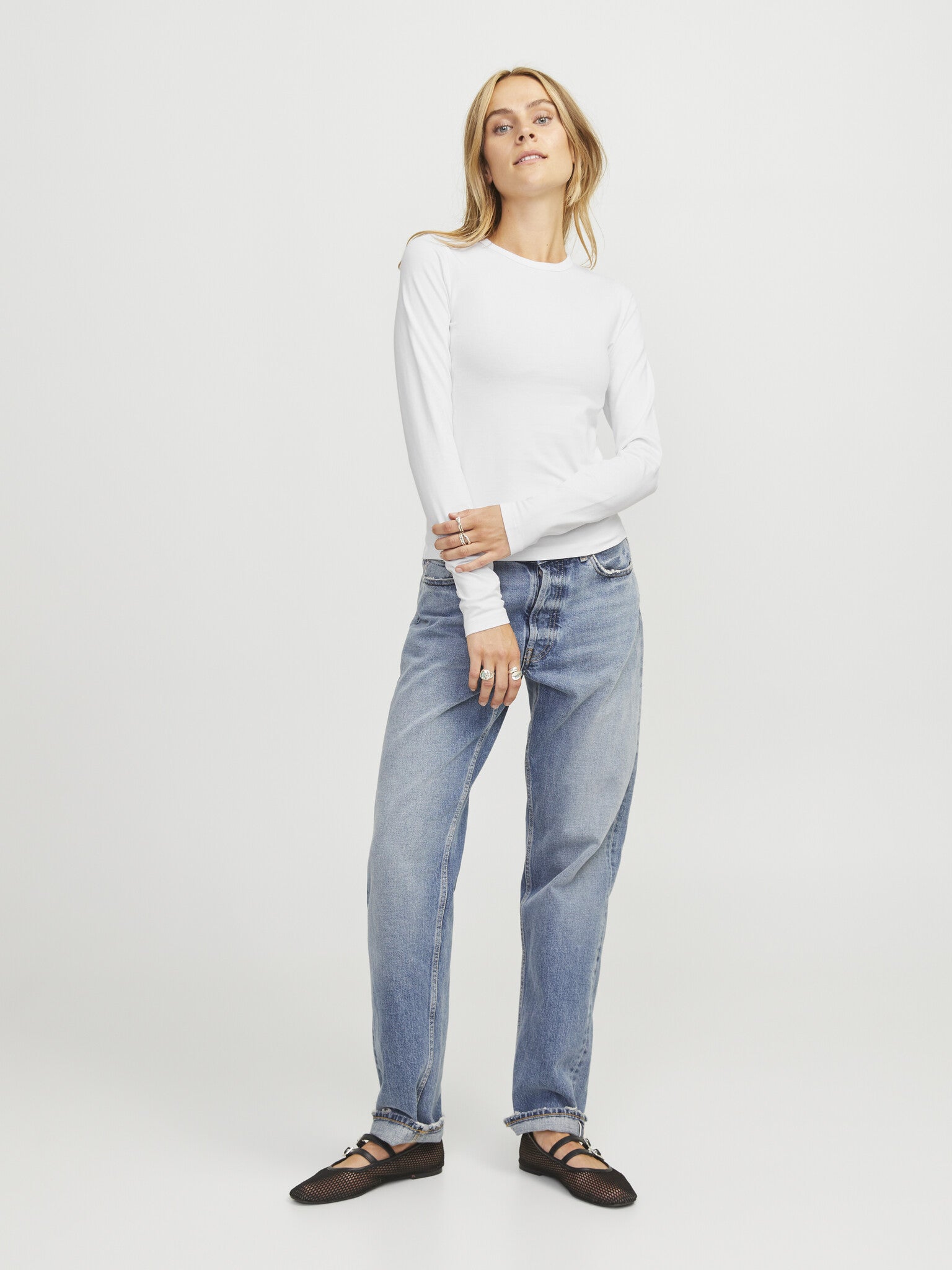 T-shirt uni manches longues JXCELINE GIGI - BLANC