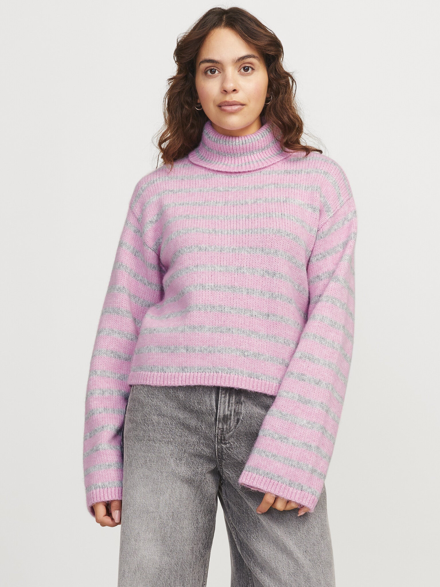 JXROSANNA ROLL NECK KNIT - GREY/PNK