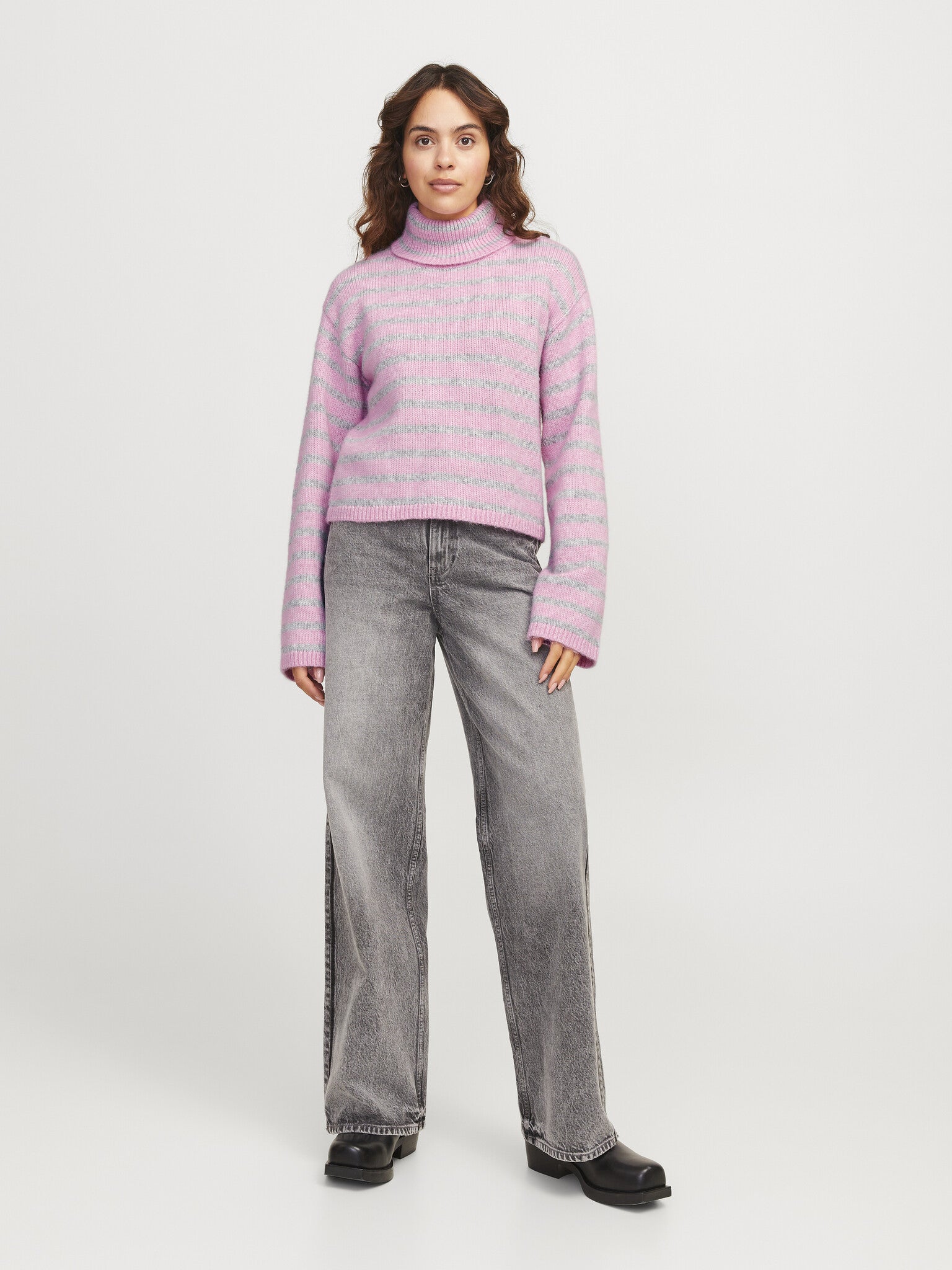 JXROSANNA ROLL NECK KNIT - GREY/PNK