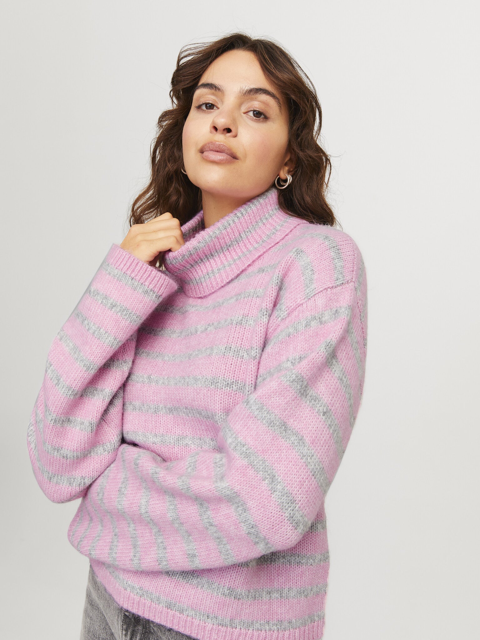 JXROSANNA ROLL NECK KNIT - GREY/PNK