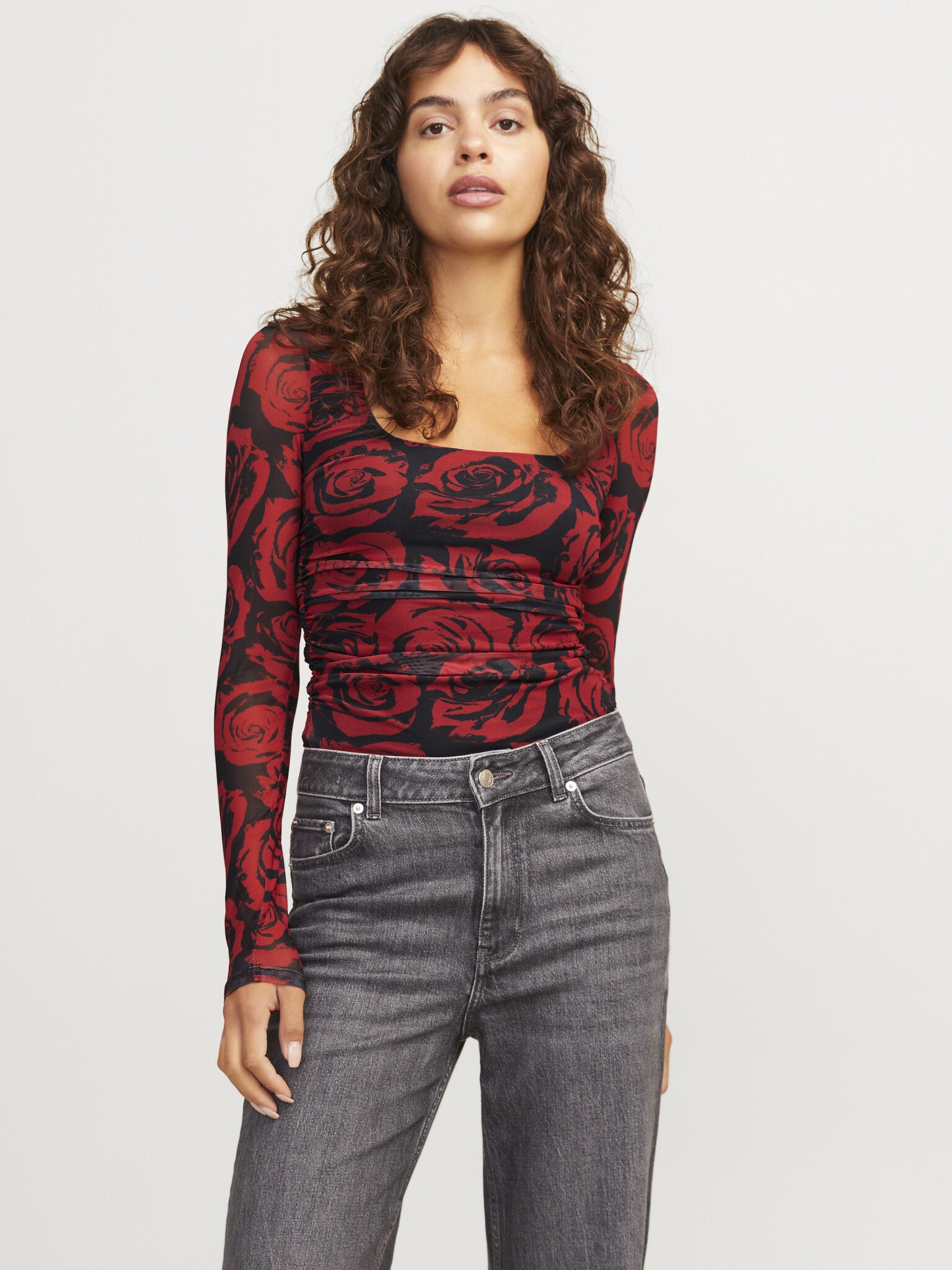 JXROSA MESH LS  TOP - FIERY RED