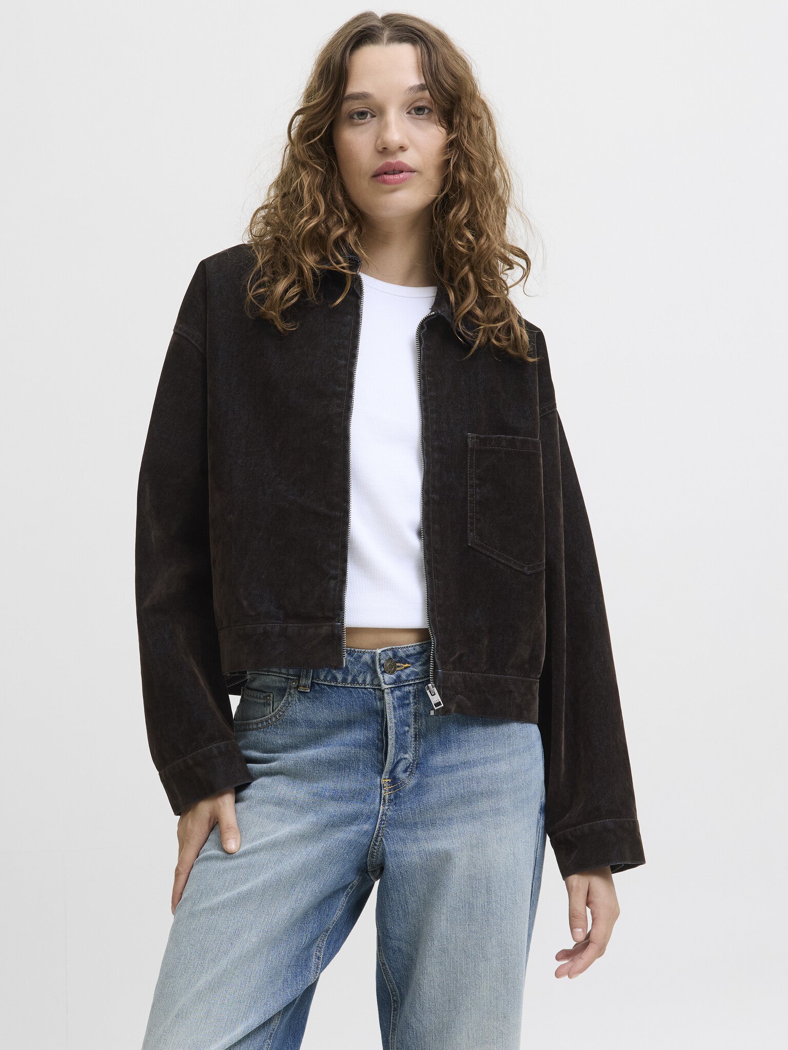 JXMIA FLOCK DENIM JACKET - BROWN DENIM