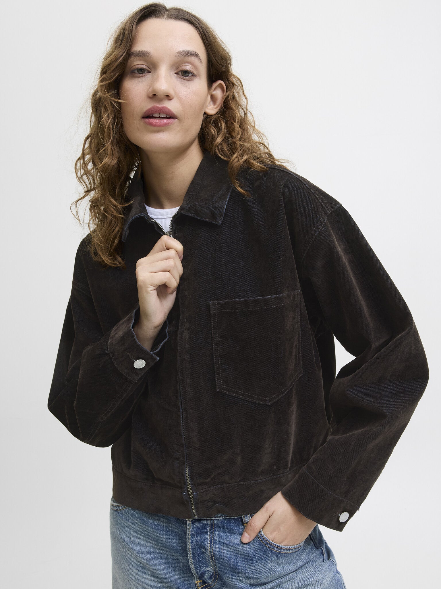JXMIA FLOCK DENIM JACKET - BROWN DENIM