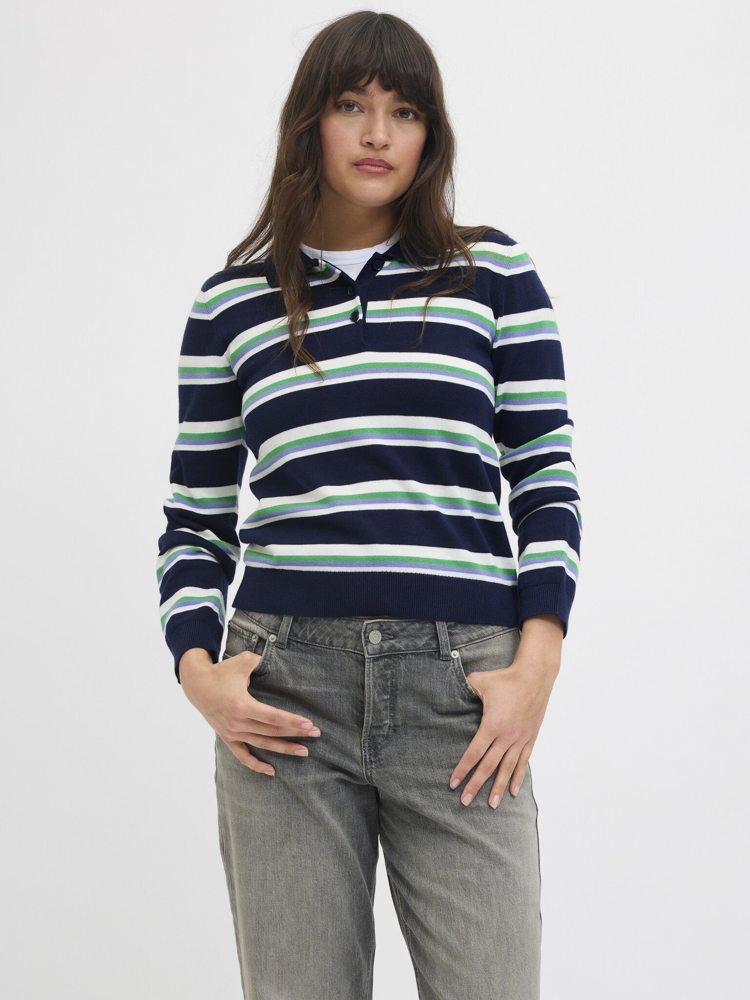 JXLILIANA LS POLO KNIT - BLUE STRIPES