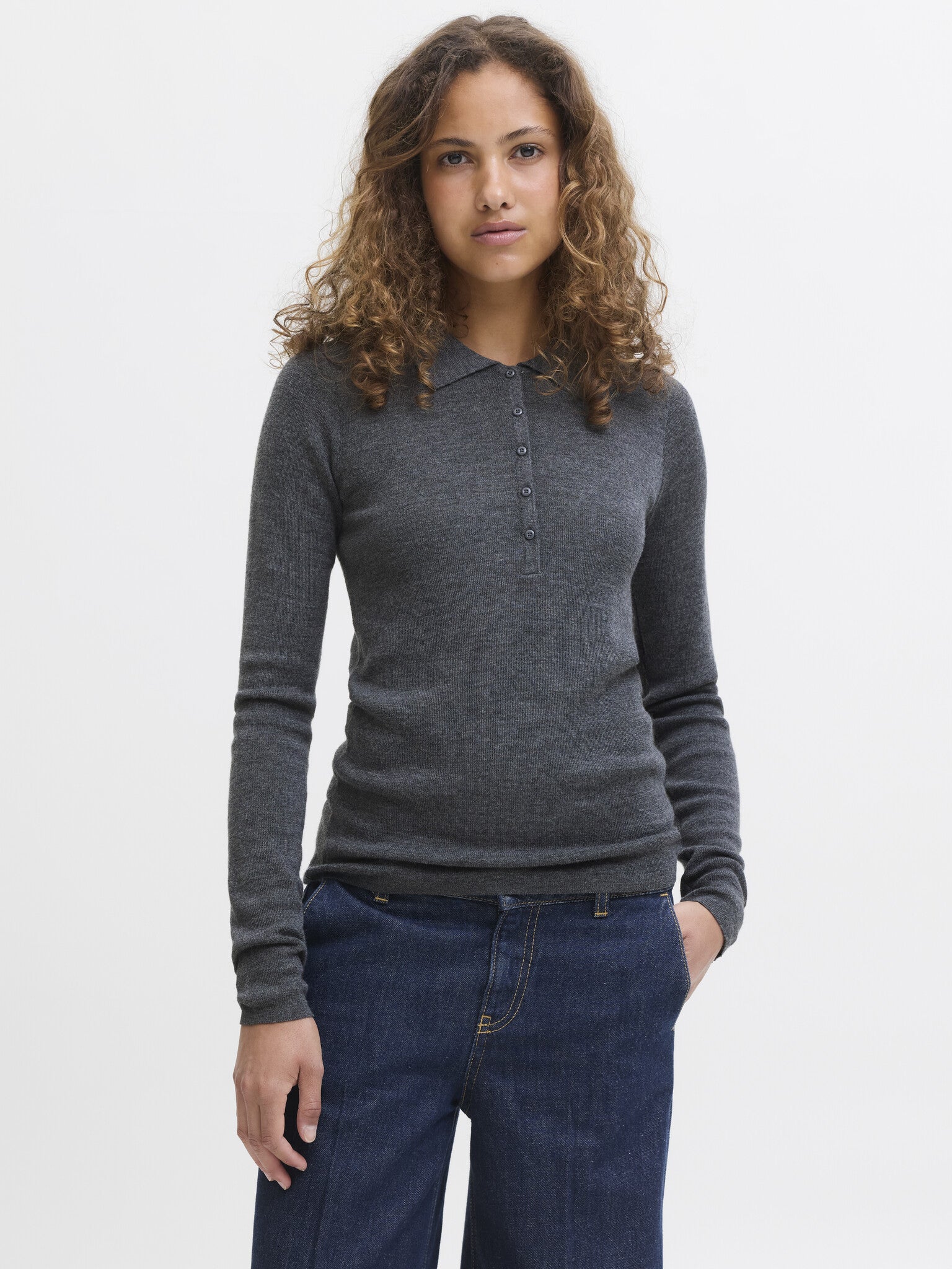 JXWREN WOLLEN POLOBREIT - MIDDELGRIJS MELANGE