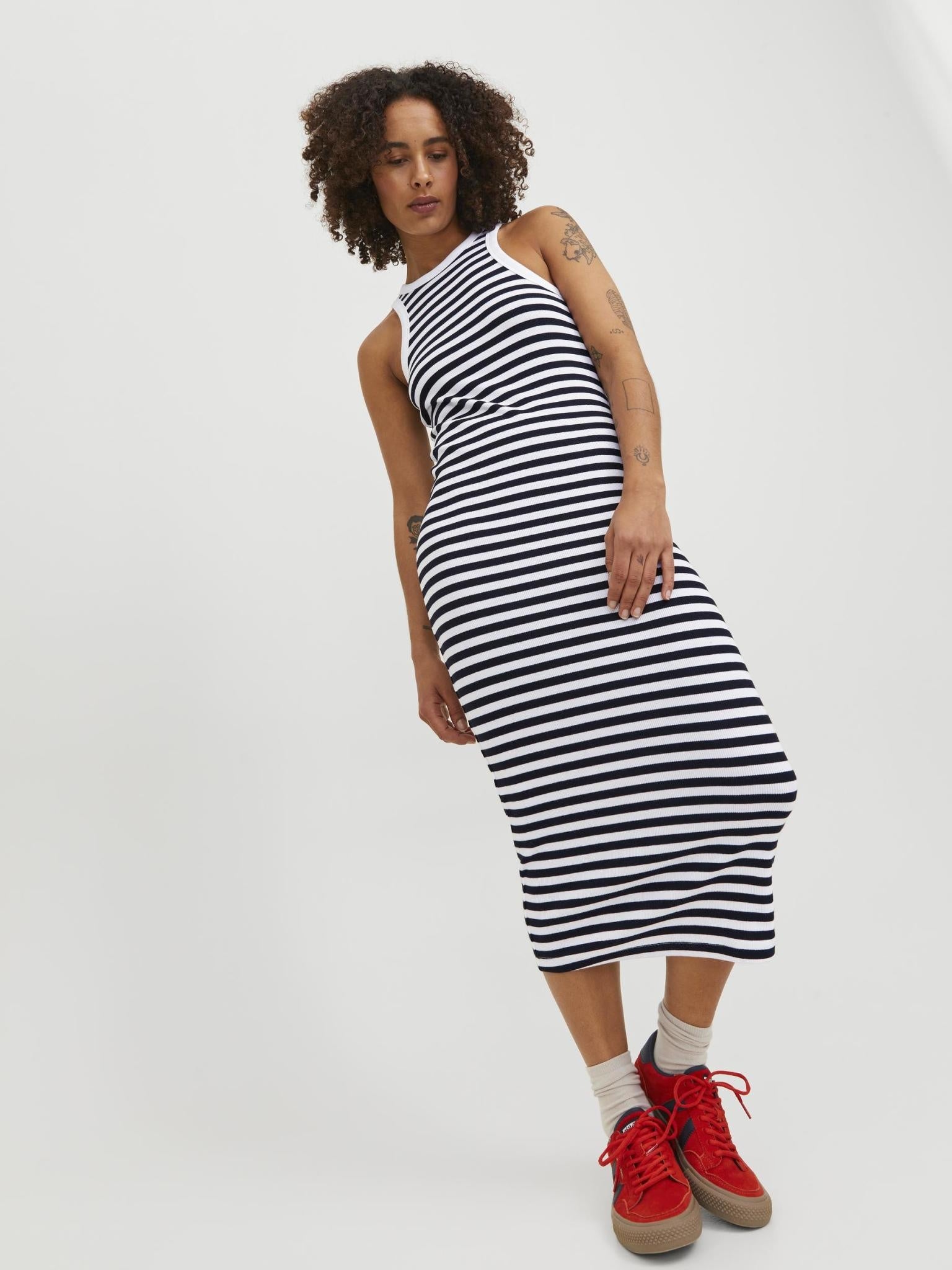 JXFOREST STRIPE RIB DRESS - BRIGHT WHITE
