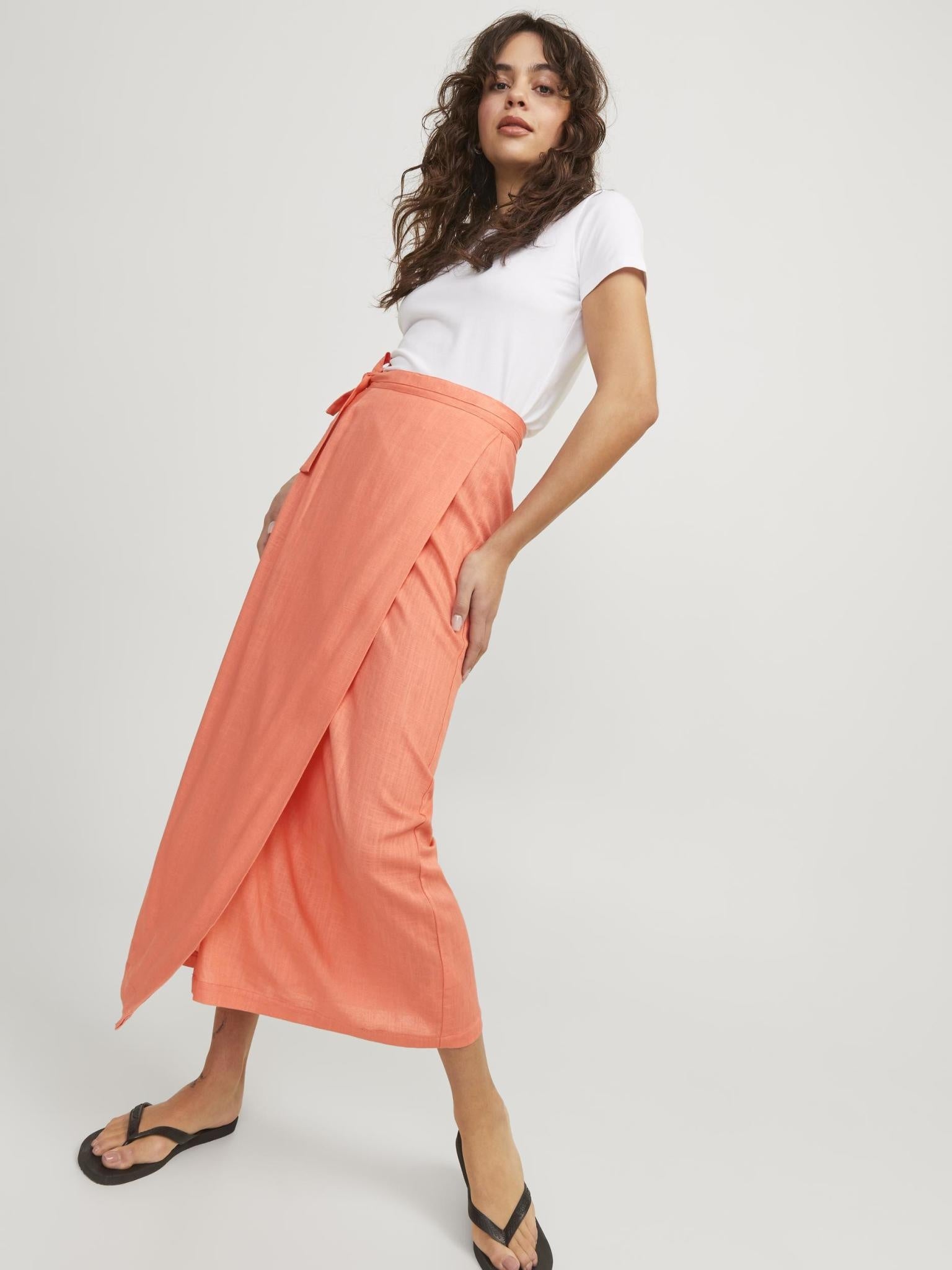 JXOCEAN LINEN BLEND HW WRAP SKIRT - PEACH ECHO