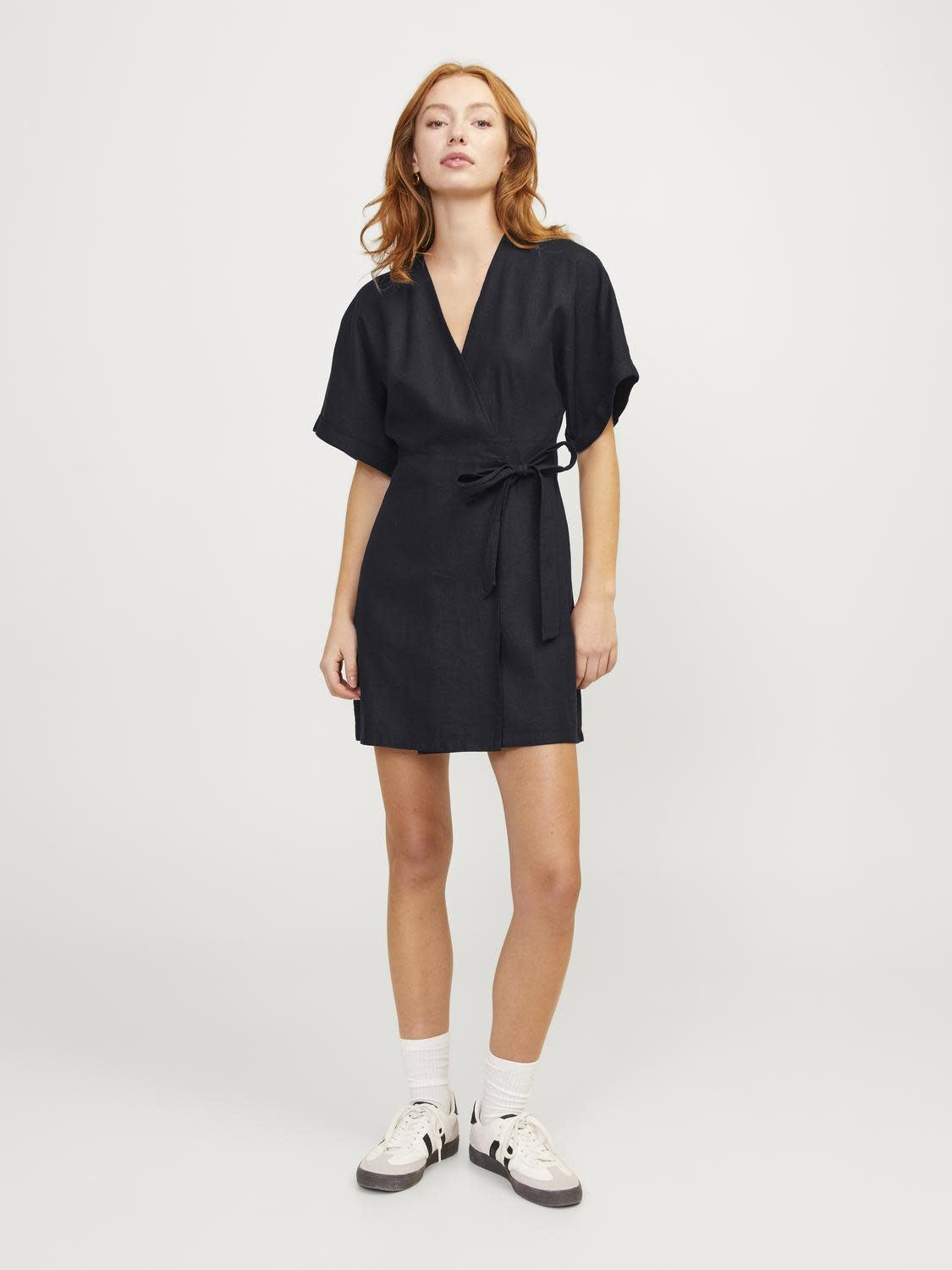 JXRAYA LINEN BLEND WRAP DRESS - BLACK