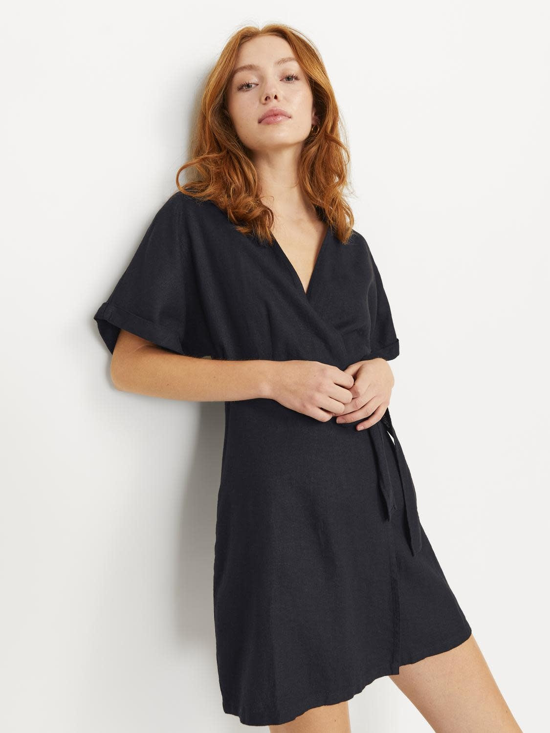 JXRAYA LINEN BLEND WRAP DRESS - BLACK