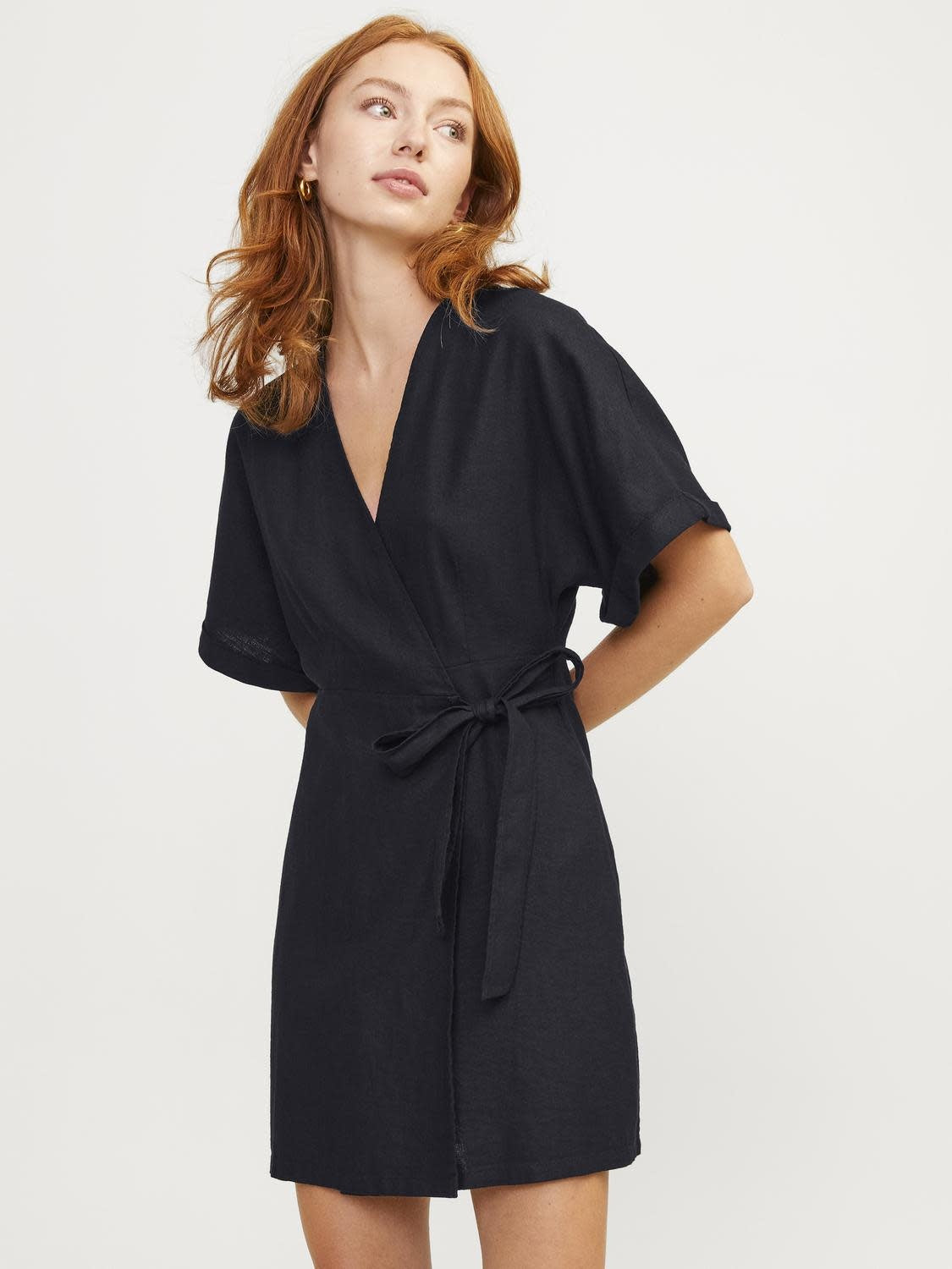 JXRAYA LINEN BLEND WRAP DRESS - BLACK