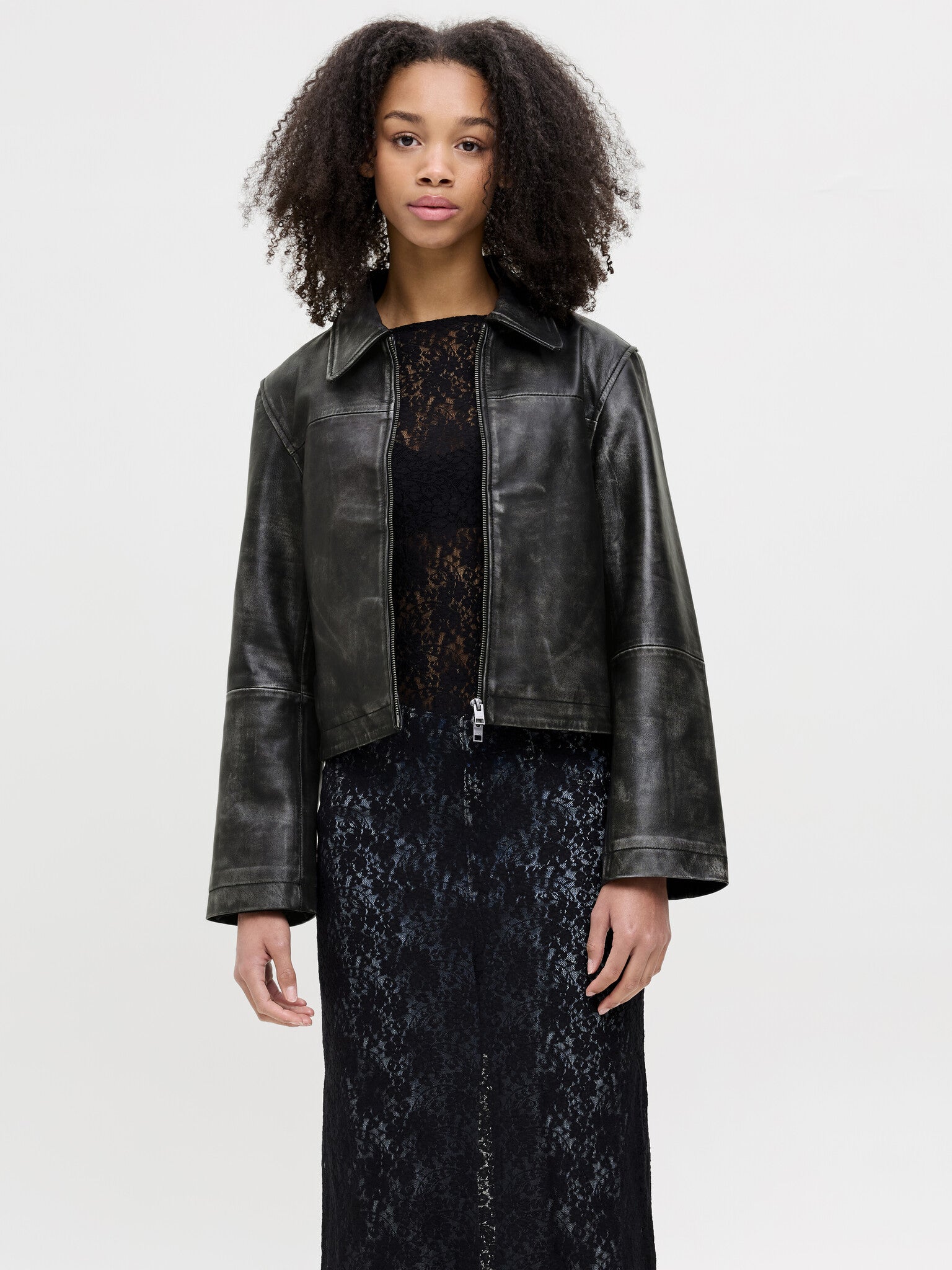 JXENYA LEATHER SHORT JACKET - BLACK WASHED